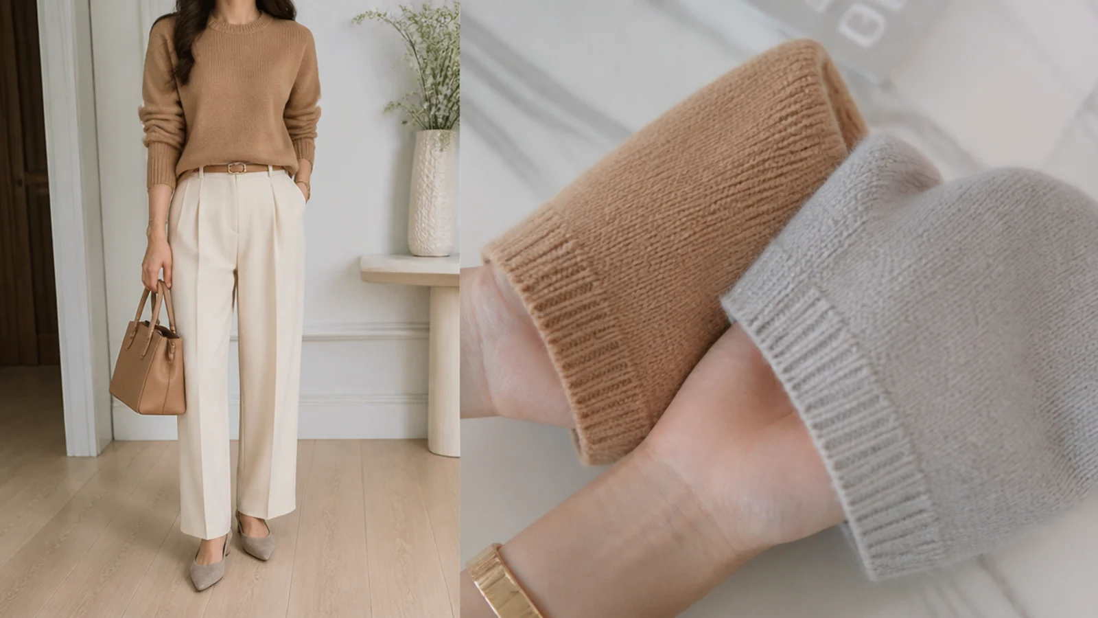 Faceless close-up of a warm camel knit and a cool greige knit held near a wrist to compare undertone