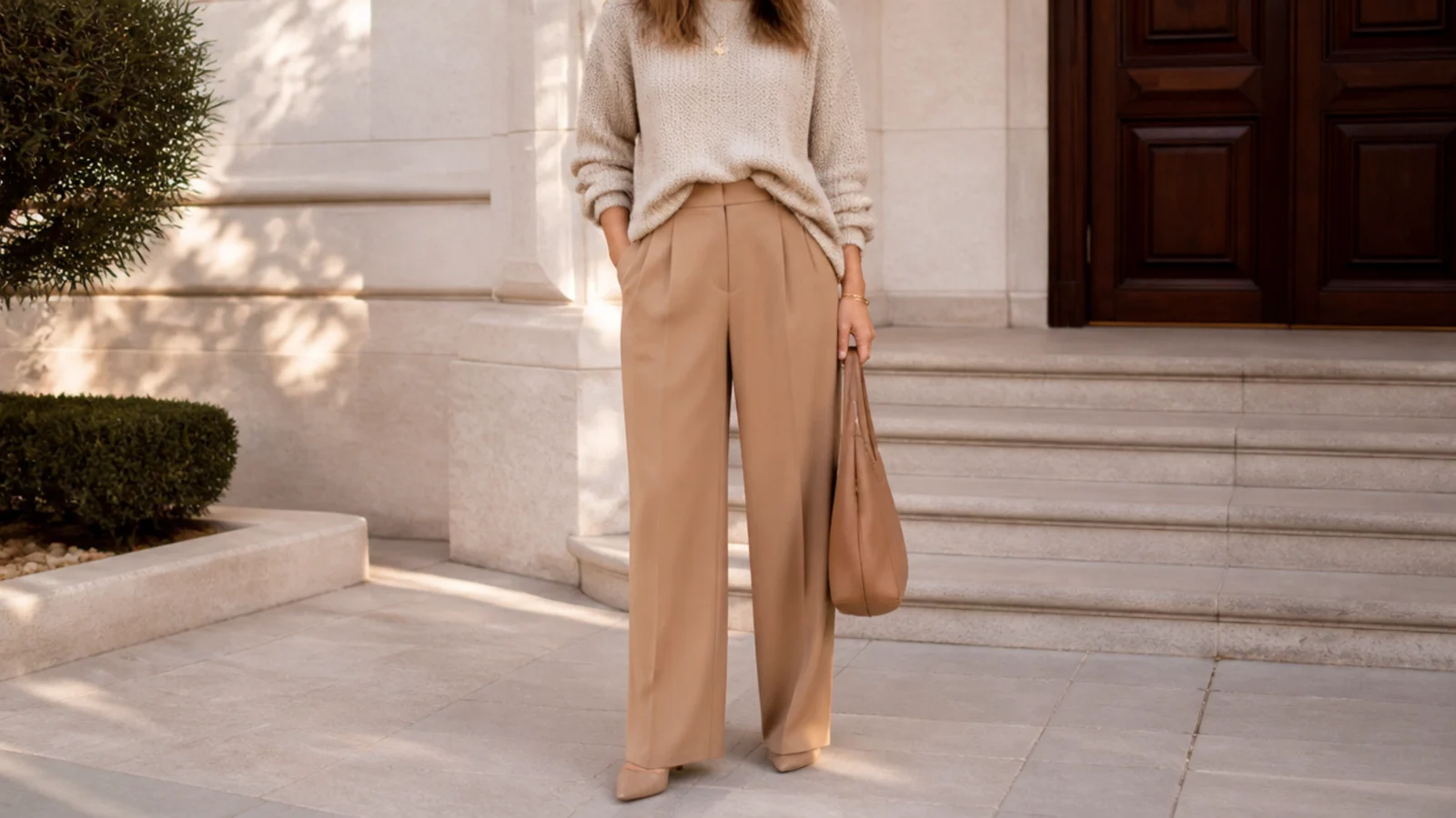 Faceless outfit with an oatmeal knit and camel wide-leg trousers layered in one warm tonal family