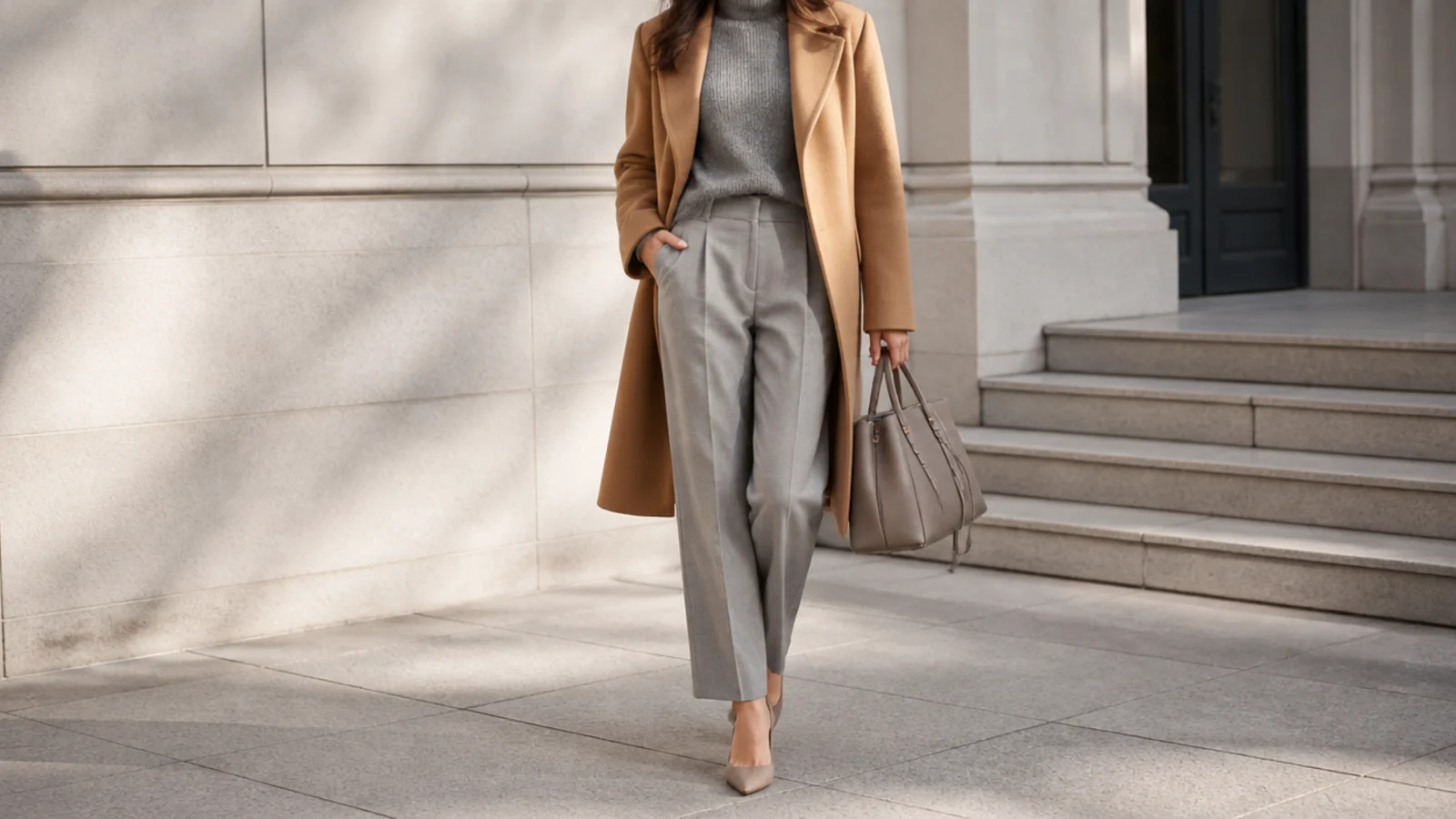 Faceless outfit with a mostly cool greige base and one warm camel coat as the 30 percent accent