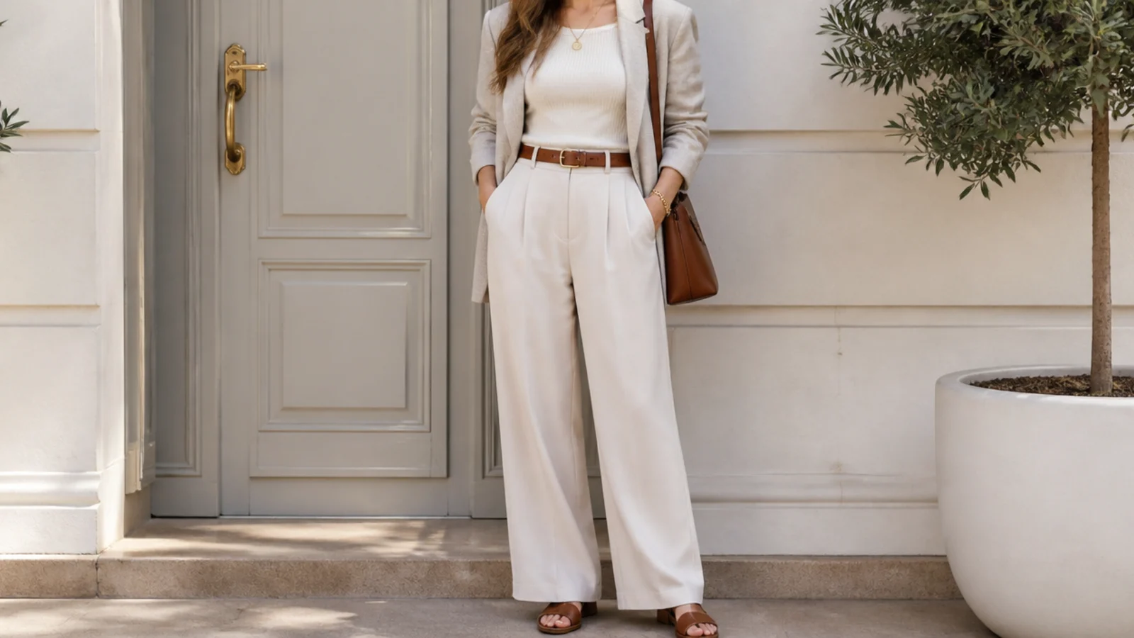 Faceless outfit with a pale neutral base grounded by a brown leather belt, bag and gold jewelry