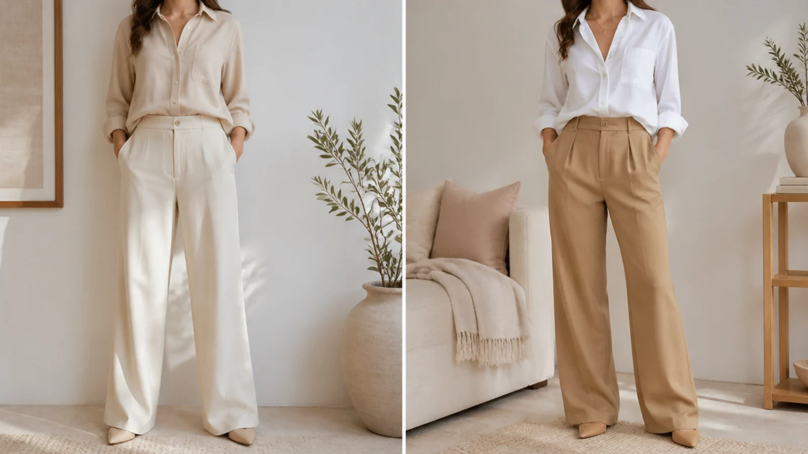 Faceless comparison of a beige worn near the face versus a crisp white shirt above camel trousers