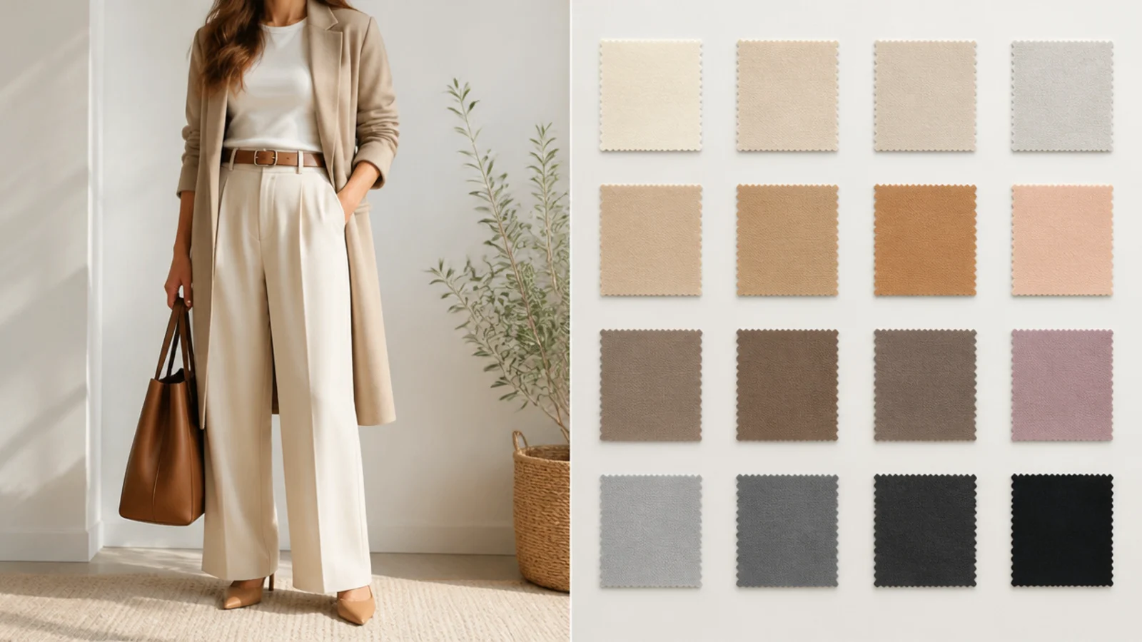 Faceless flat-lay chart of neutral swatches from cream and ecru through camel, taupe, gray and black