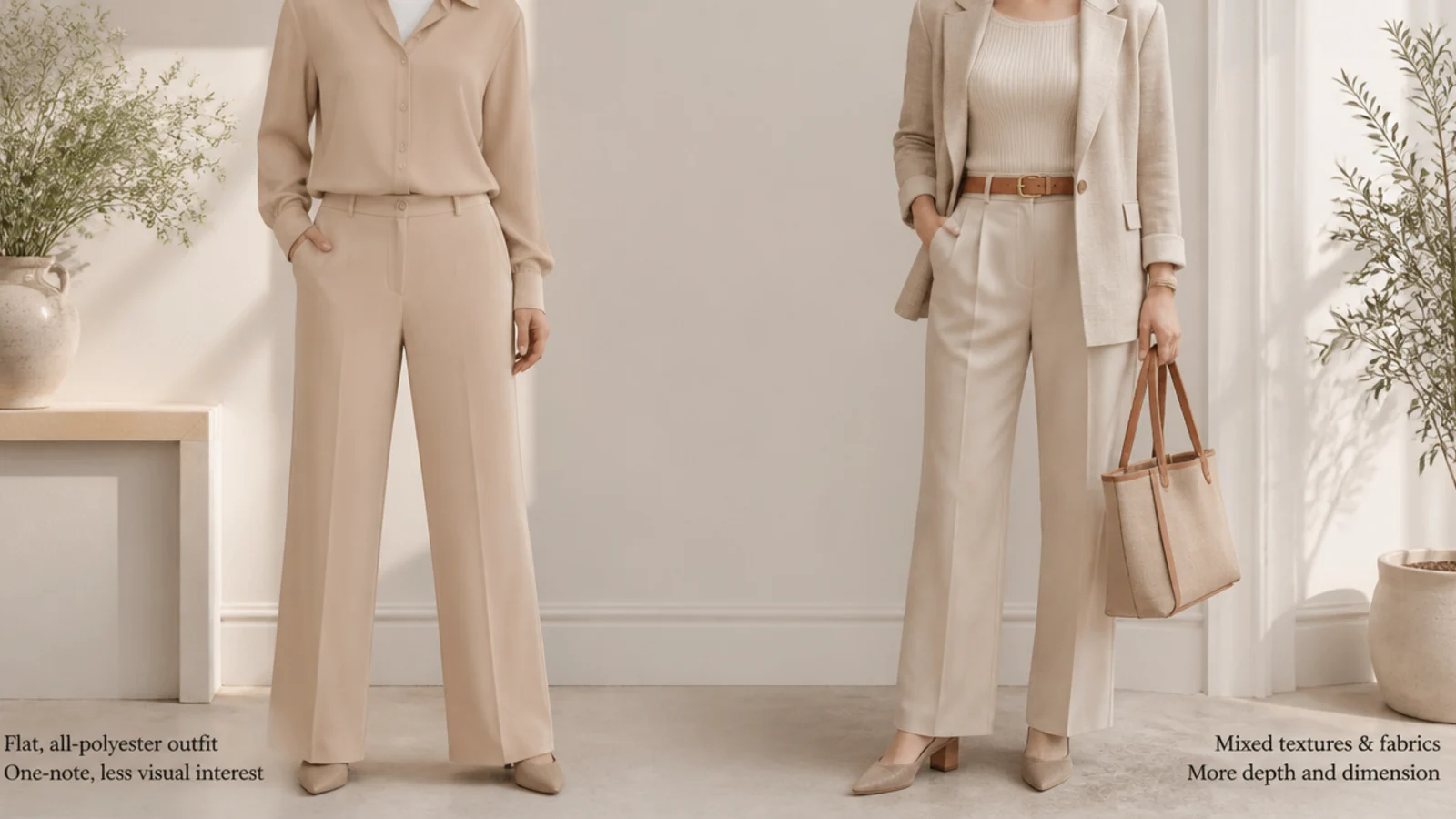 Faceless comparison of a flat all-polyester beige outfit beside a mixed-texture neutral outfit