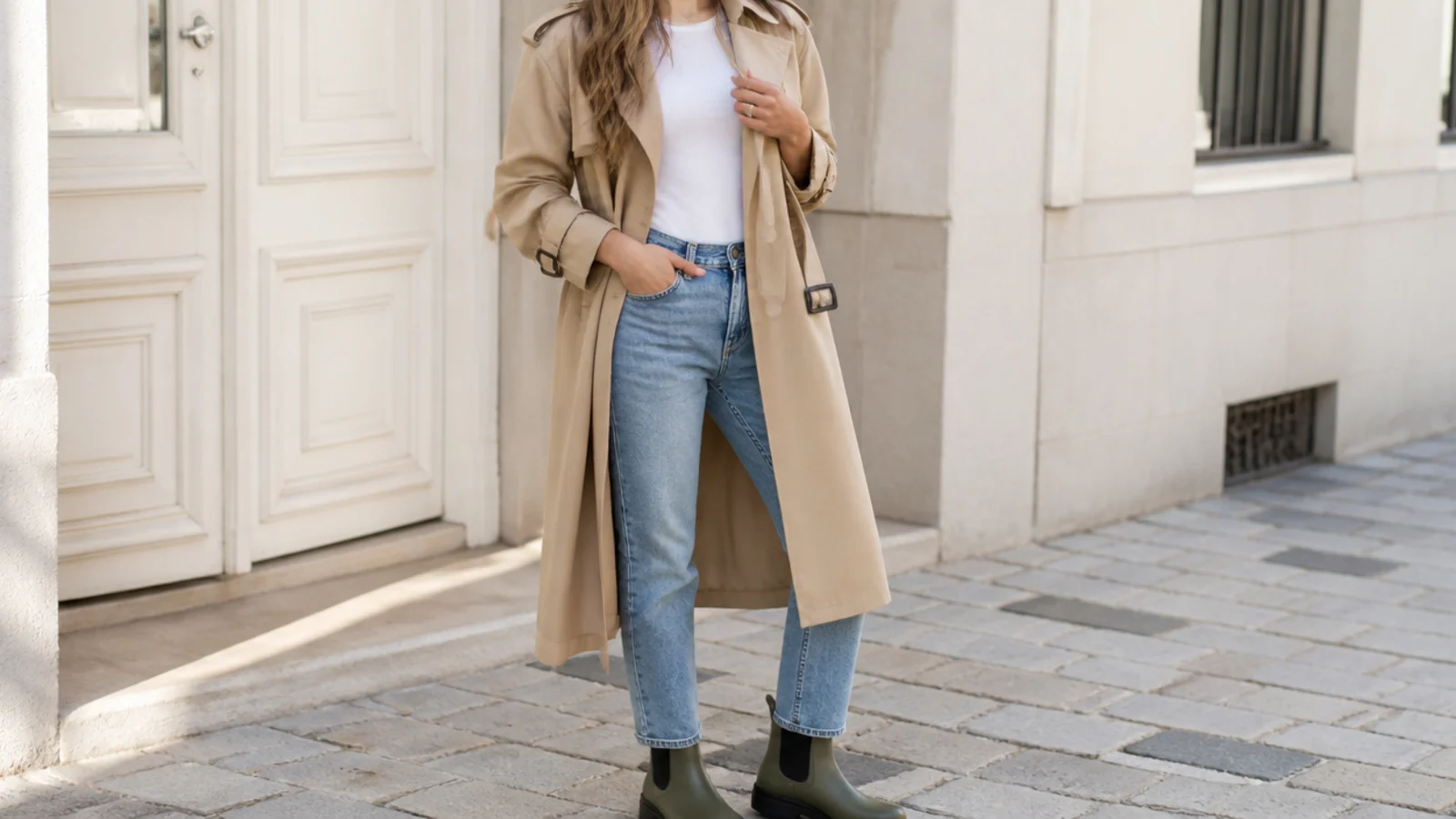 Faceless outfit with a belted khaki trench over a fitted tee, straight jeans and rubber Chelsea boots
