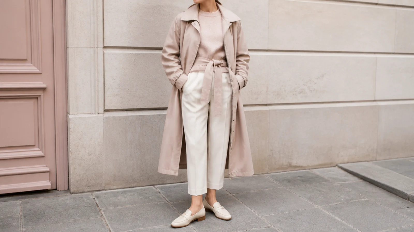 Faceless outfit with a coated-nylon belted raincoat over a wool crewneck and cropped trousers with loafers