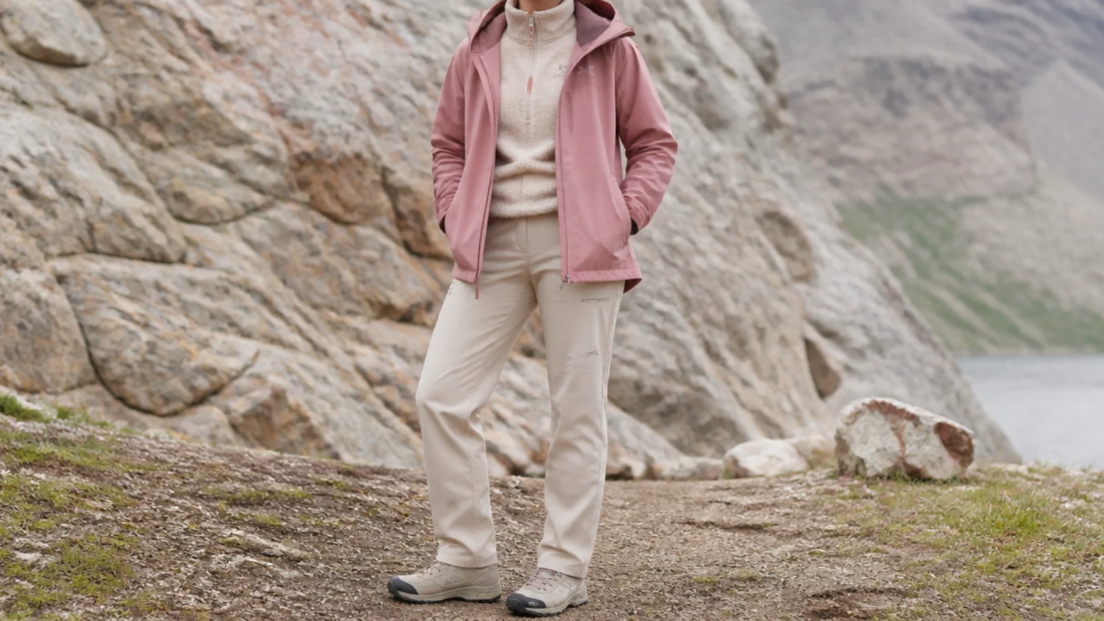 Faceless outfit with a hooded rated rain shell over a fleece pullover and technical waterproof pants with GORE-TEX sneakers