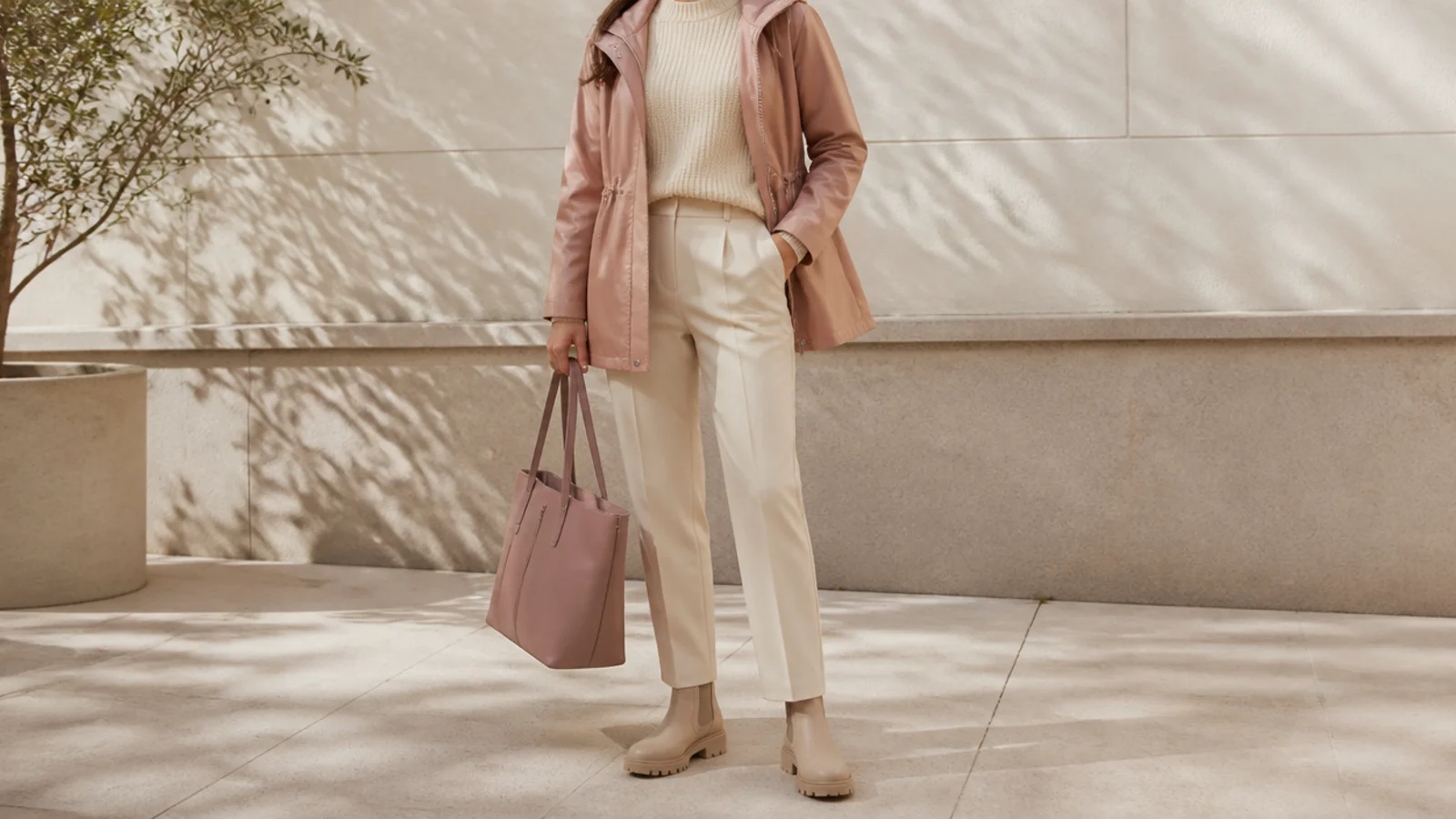 Faceless outfit with a water-resistant blazer over a knit, tailored trousers, lug-sole ankle boots and a coated tote