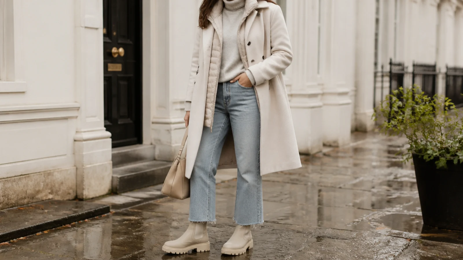 Faceless outfit with a wool car coat over a coated shell, turtleneck, jeans and lug-sole boots for cold rain