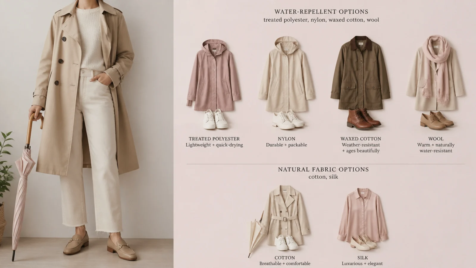 Faceless flat-lay comparing treated polyester, nylon, waxed cotton and wool against cotton and silk for rain