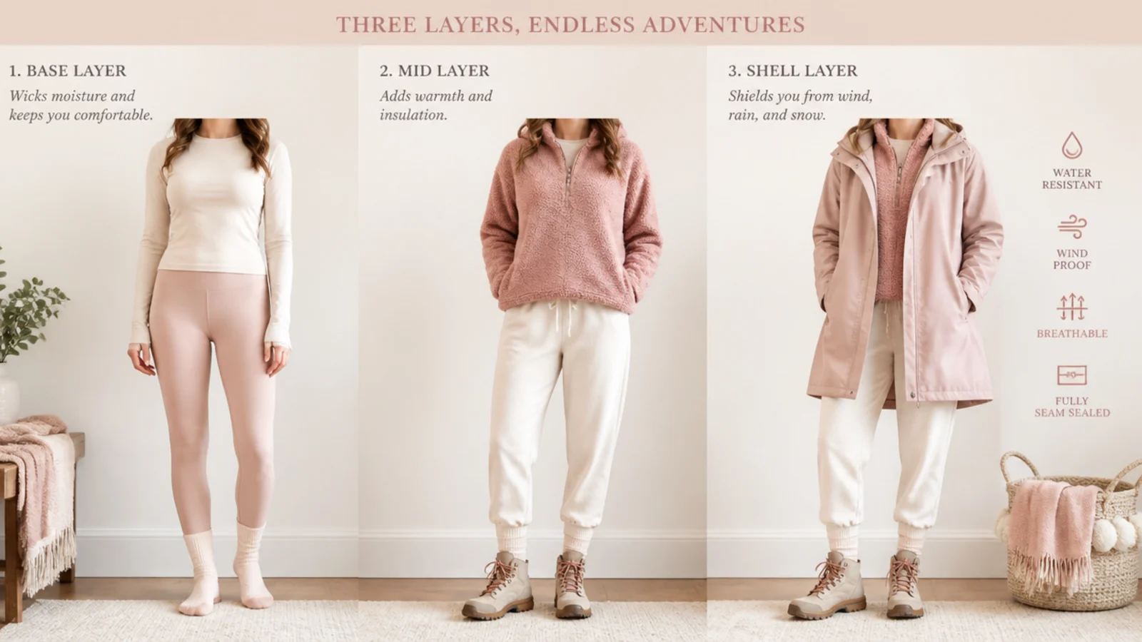 Faceless diagram-style flat-lay showing a base layer, a warm mid-layer and a water-resistant shell