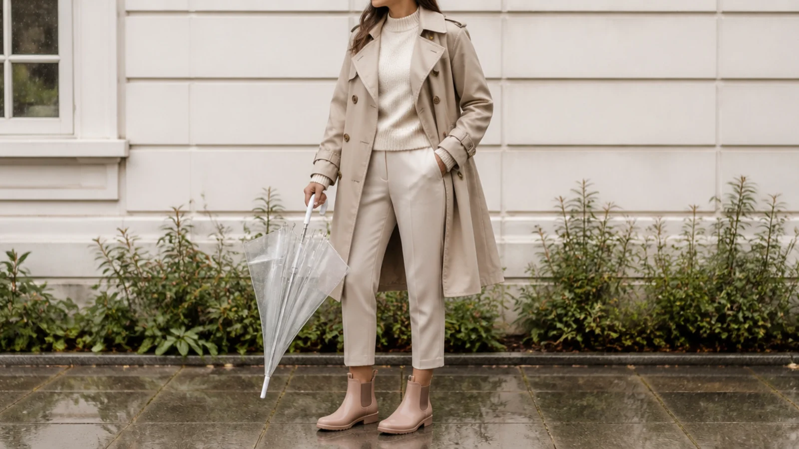 Faceless rainy day outfit with a trench coat, cropped trousers and rubber Chelsea boots under a clear umbrella