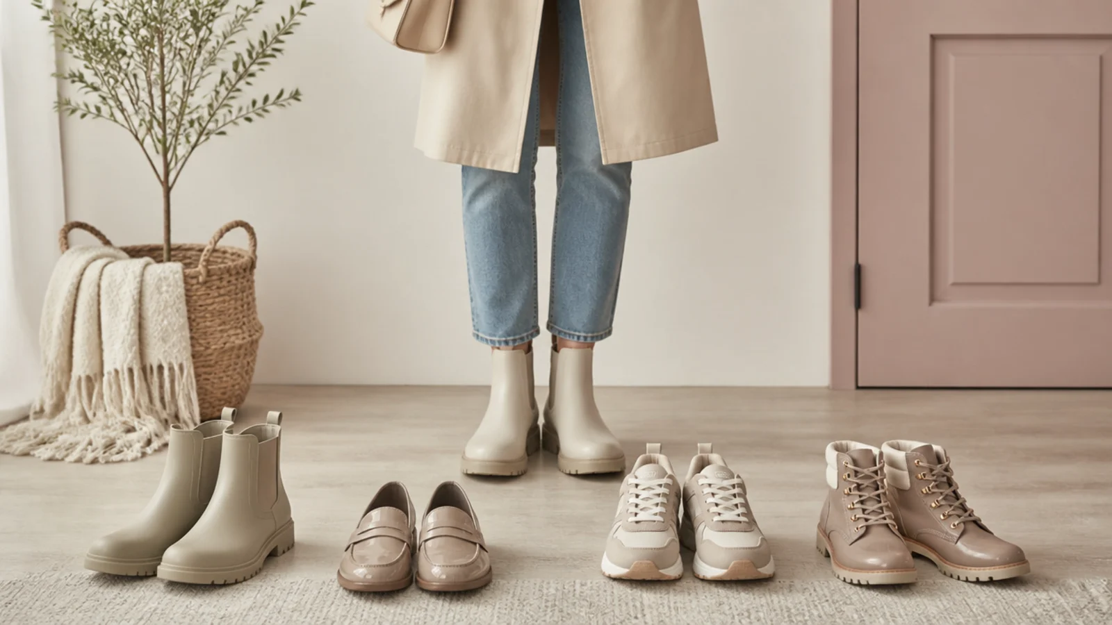 Faceless flat-lay of rubber Chelsea boots, waterproof loafers, GORE-TEX sneakers and lug-sole ankle boots