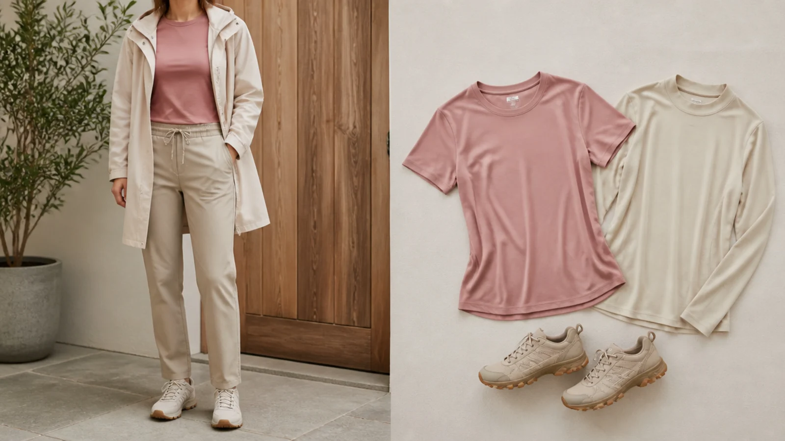 Faceless flat-lay of a fitted merino tee and a synthetic base layer laid out for a rainy day