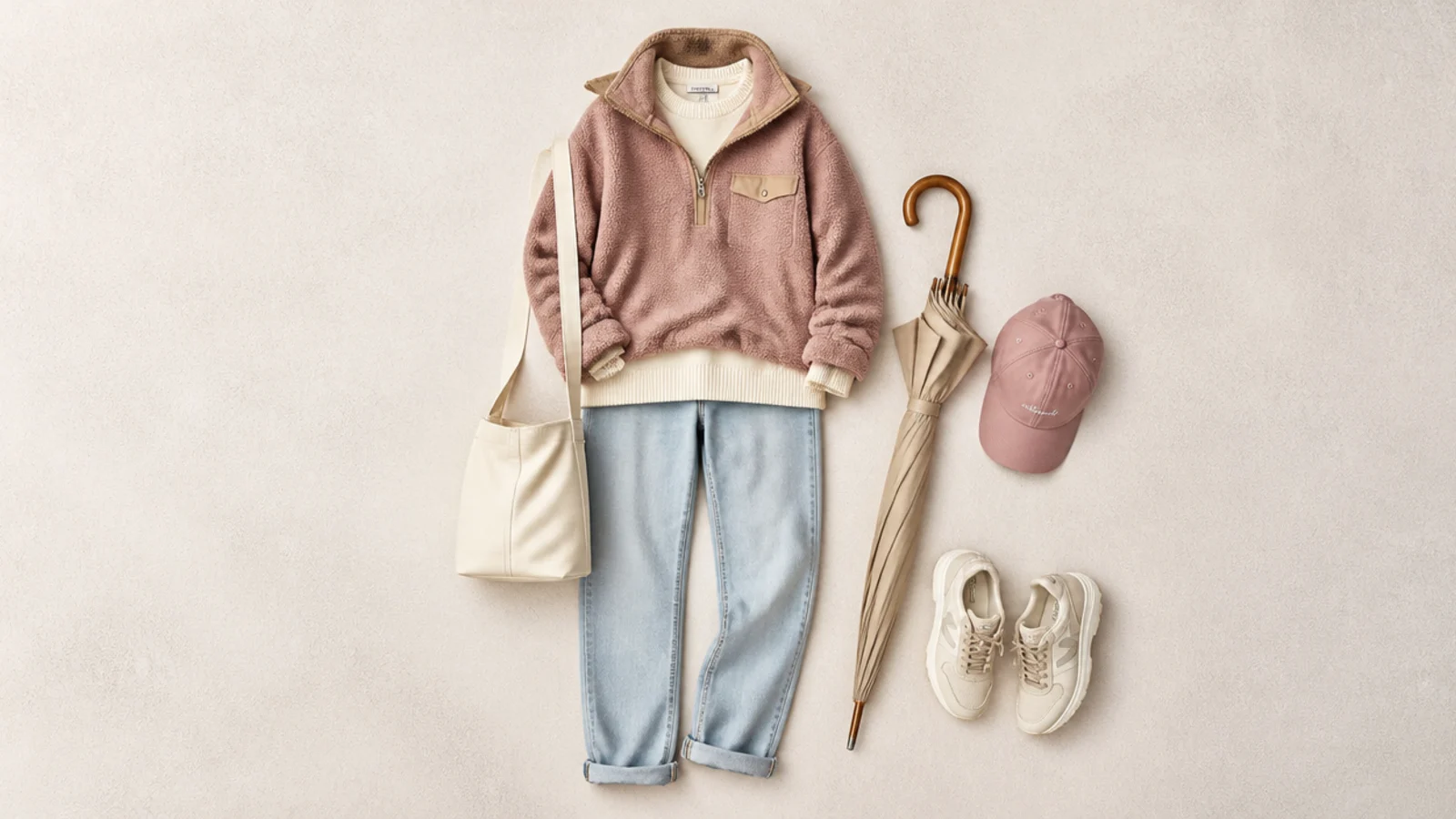 Faceless flat-lay of a wool-blend crewneck and a fleece pullover for a rainy day mid-layer
