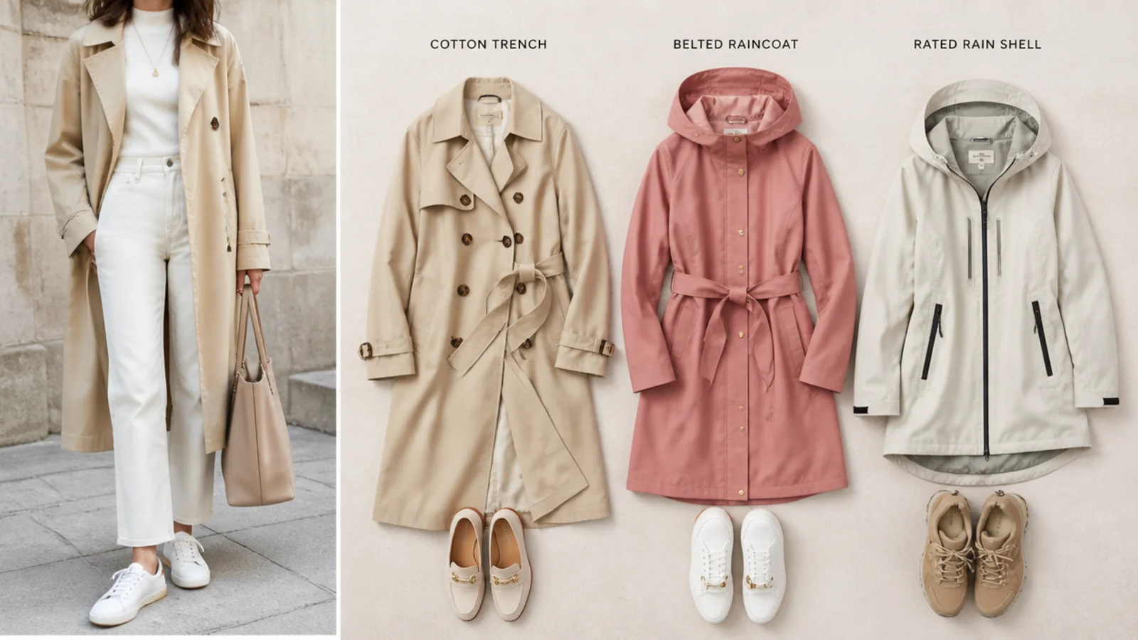 Faceless flat-lay comparing a cotton trench, a belted raincoat and a rated rain shell