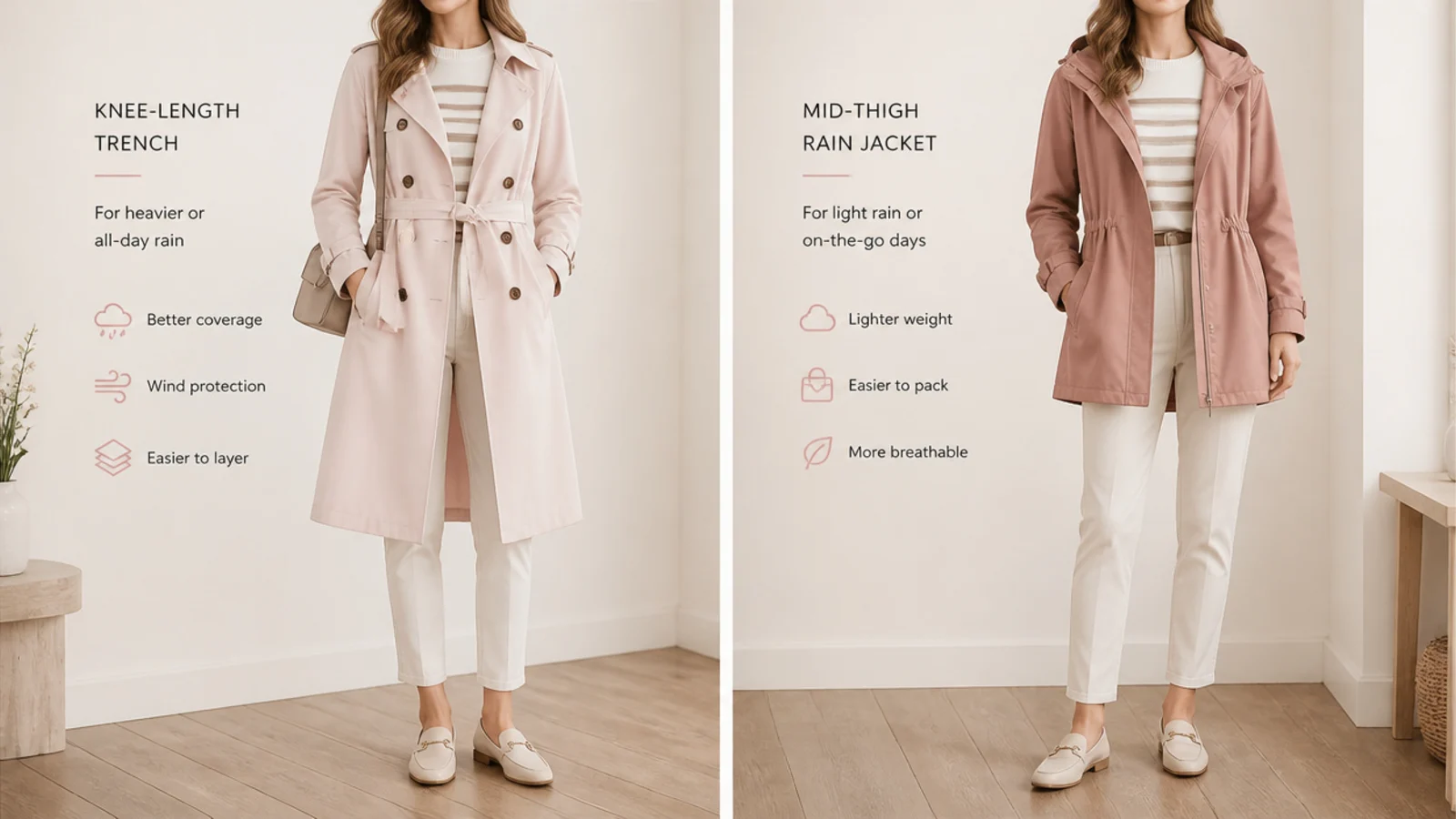 Faceless comparison of a knee-length trench and a mid-thigh rain jacket for different rain intensity