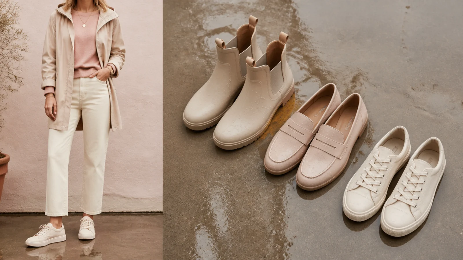 Faceless flat-lay of rubber Chelsea boots, waterproof loafers and waterproof sneakers on a wet surface
