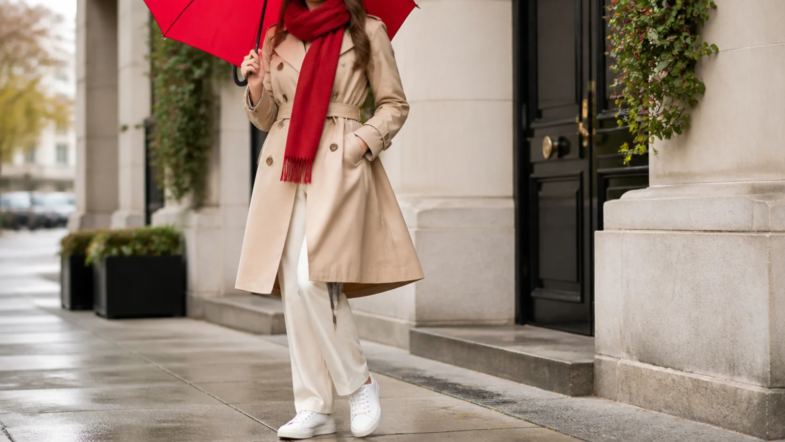 Faceless outfit with a neutral trench lifted by a red scarf and a bright umbrella on a gray day