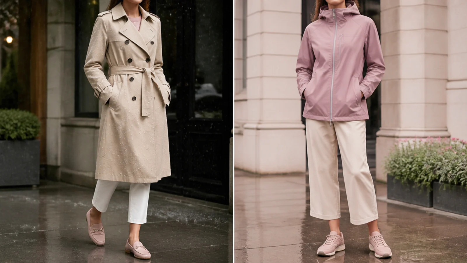 Faceless comparison of a water-resistant trench beading light rain and a taped-seam waterproof shell