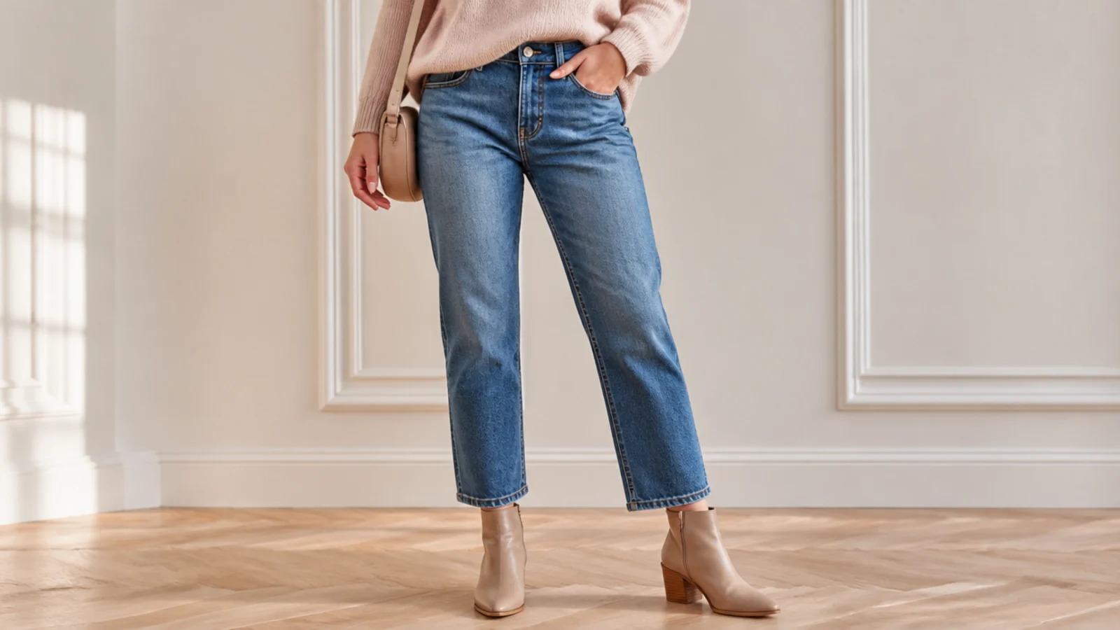 Faceless outfit with cropped straight-leg jeans ending an inch above an almond-toe leather ankle boot