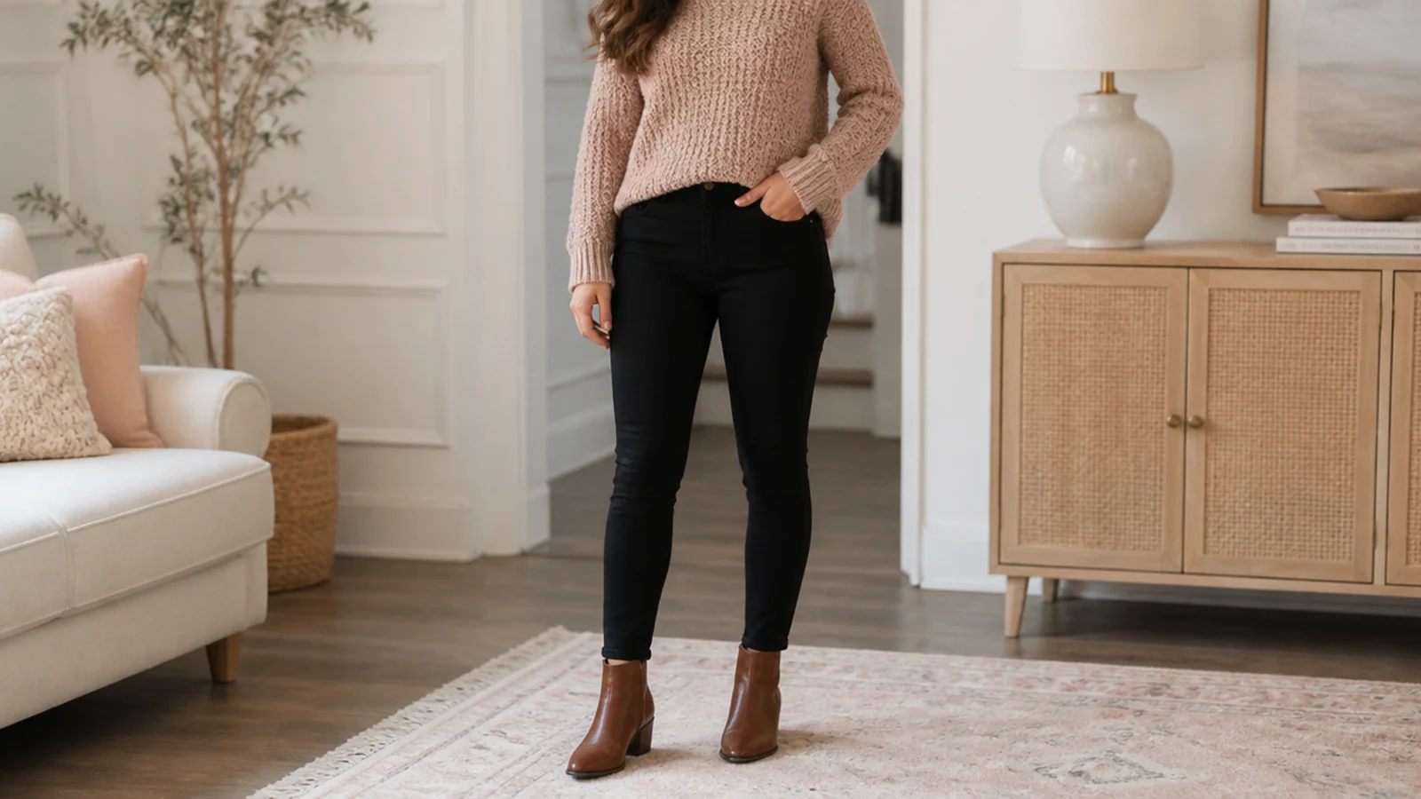Faceless outfit with black skinny jeans tucked cleanly into leather ankle boots under a chunky knit