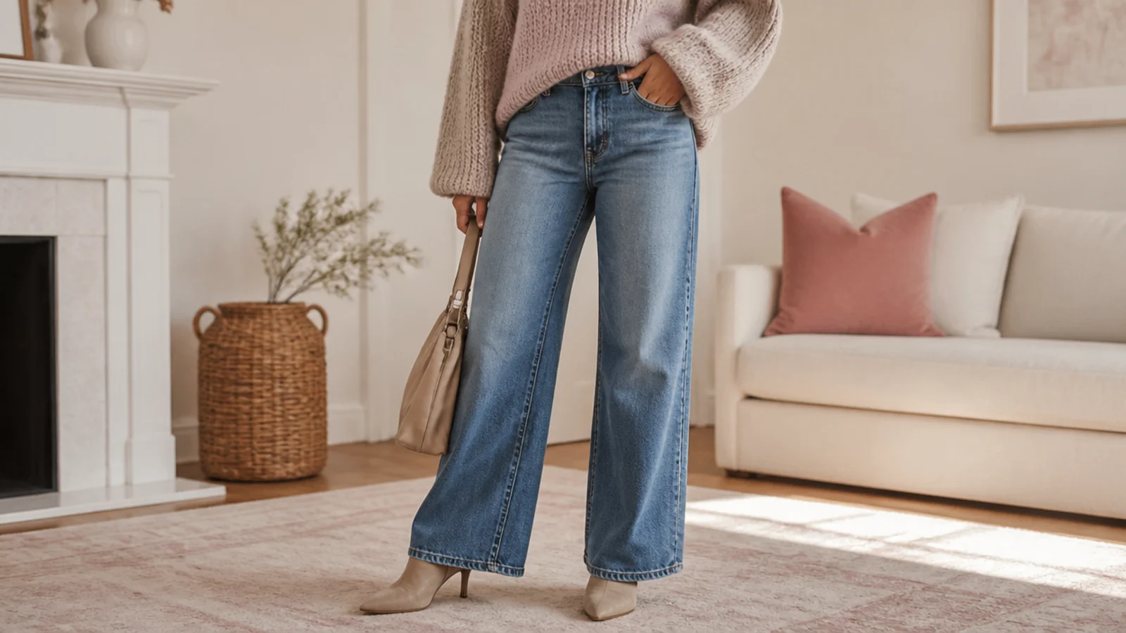 Faceless outfit with wide-leg jeans falling over a taller-shaft heeled ankle boot with one gentle break