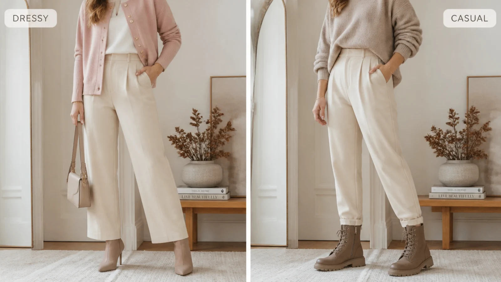 Faceless comparison of an almond-toe heeled ankle boot for dressy looks and a round-toe lug-sole boot for casual looks