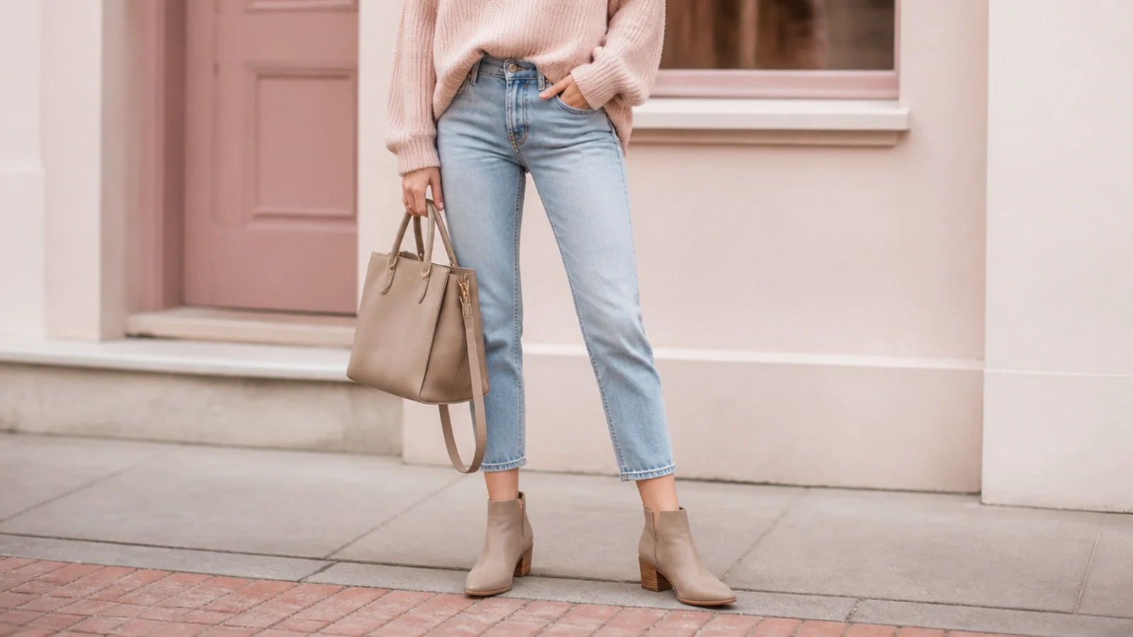 Faceless close-up showing about an inch of bare ankle between a cropped jean hem and a leather bootie