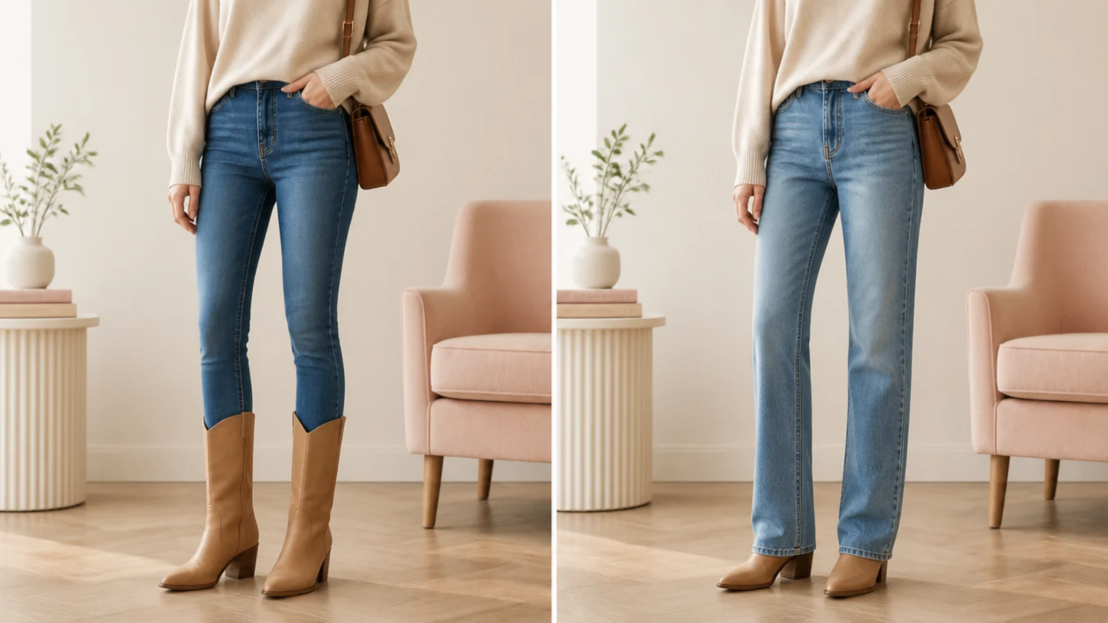 Faceless comparison of skinny jeans tucked into a boot shaft and straight jeans worn over the boot