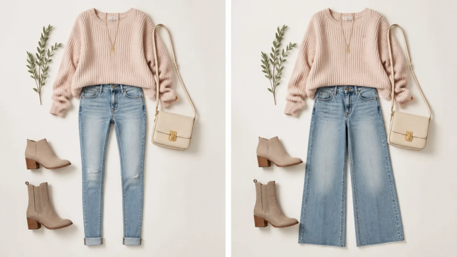 Faceless flat-lay comparing a low-shaft ankle boot and a taller-shaft ankle boot beside skinny and wide-leg jeans