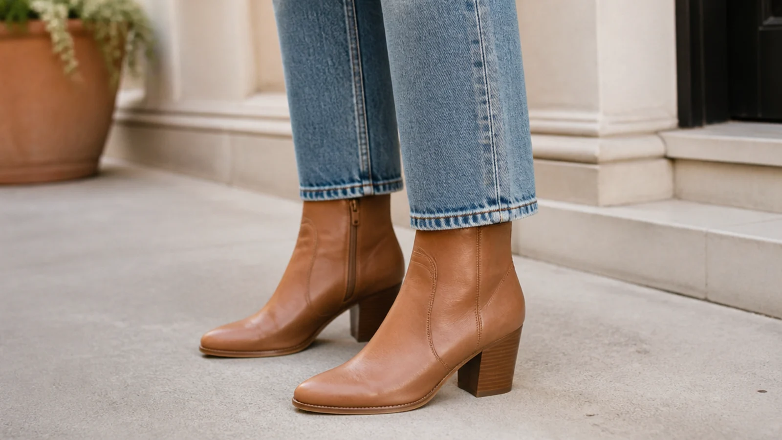 Faceless close-up of a cropped jean hem finishing an inch above an almond-toe leather ankle boot shaft
