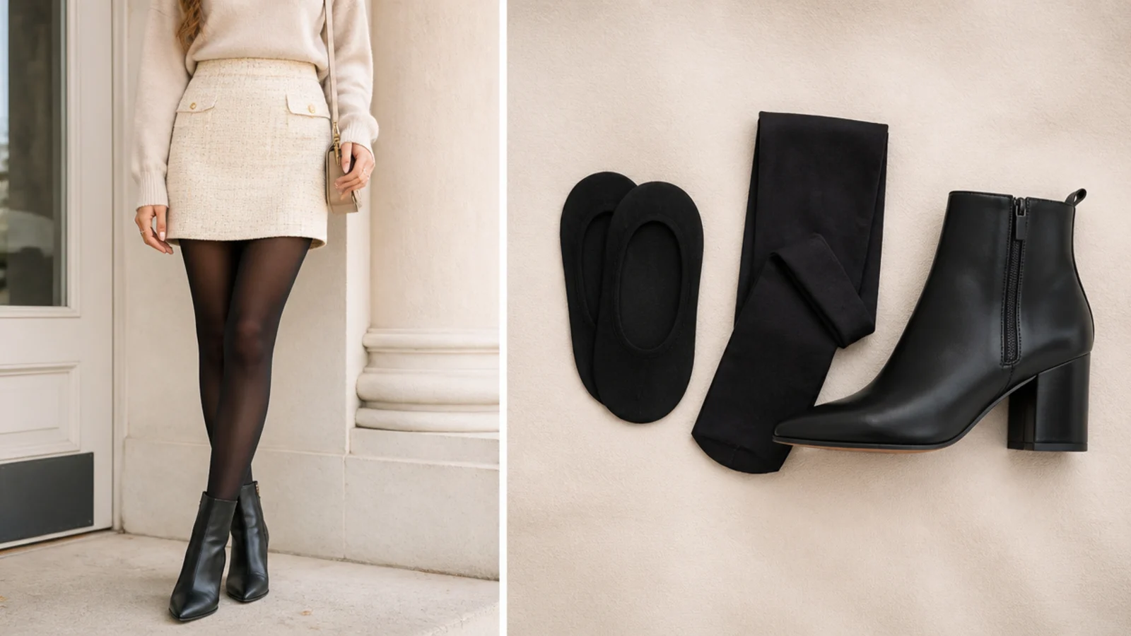 Faceless flat-lay of no-show socks and opaque black tights laid beside a black leather ankle boot