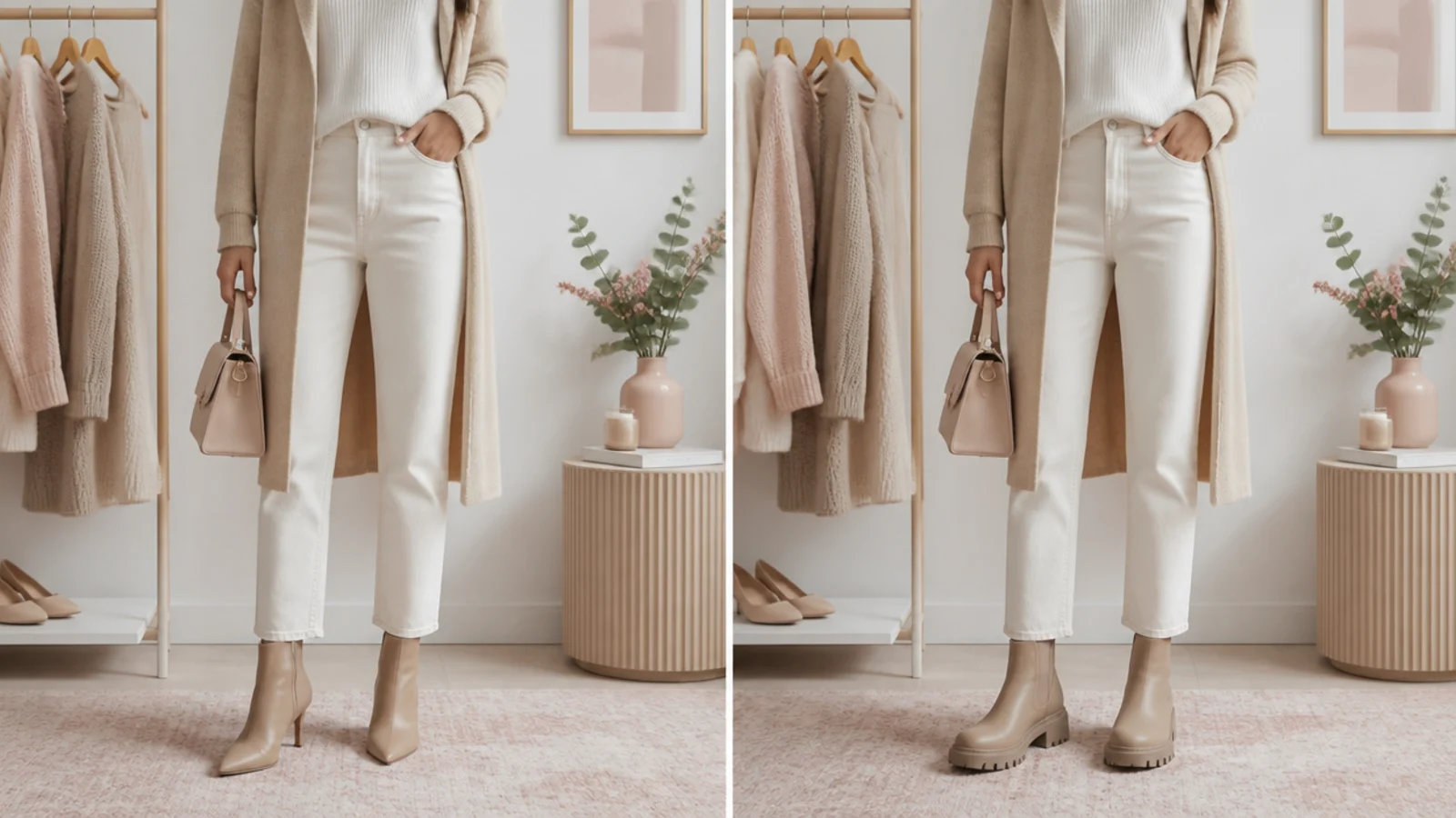Faceless comparison of an almond-toe heeled ankle boot and a round-toe lug-sole ankle boot