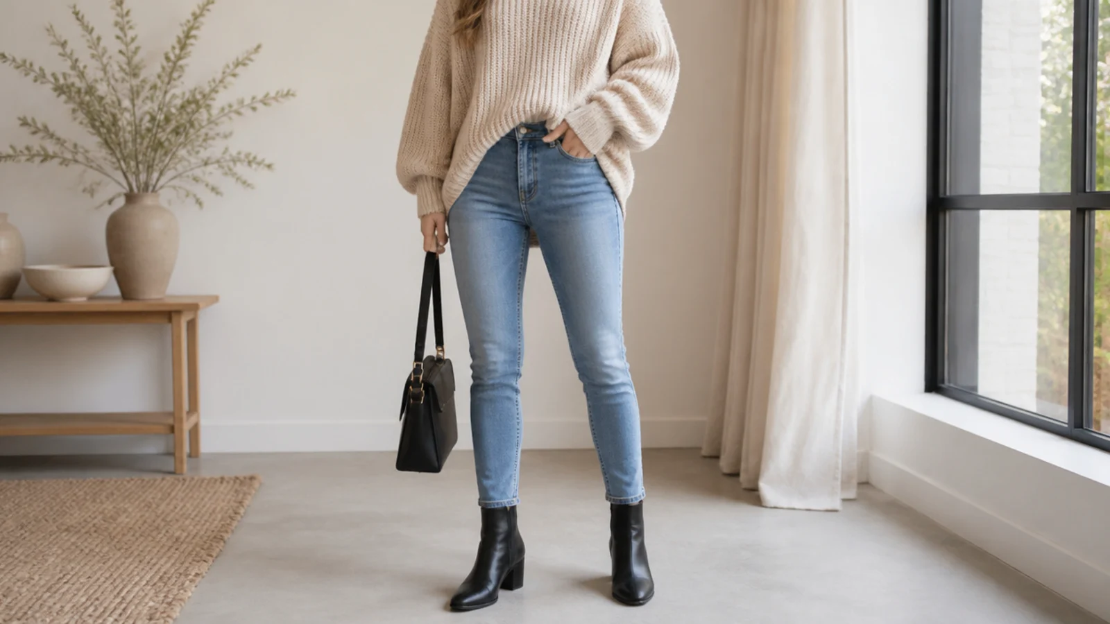 Faceless outfit showing an oversized knit balancing slim jeans tucked into black ankle boots