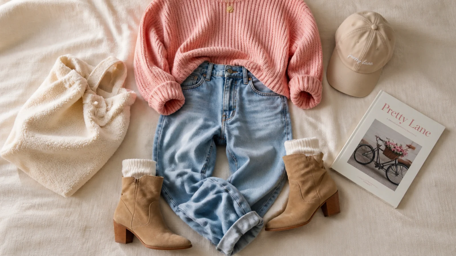 Faceless flat-lay showing a bunched jean hem, a thick white sock and a gappy wide-shaft boot to avoid