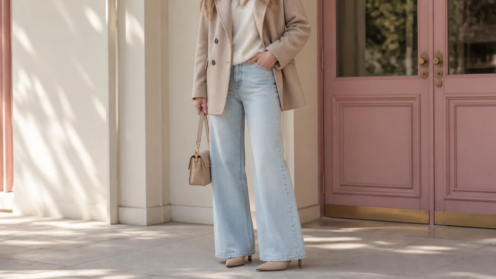 Faceless outfit showing wide-leg jeans falling over a hidden taller-shaft heeled ankle boot