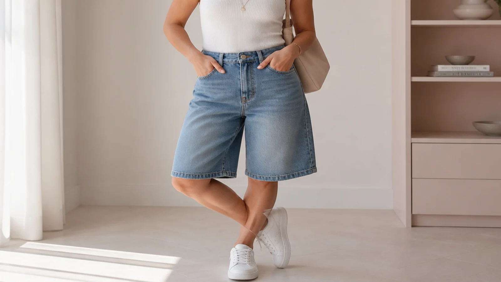 Faceless outfit with a tucked white ribbed tank, mid-wash baggy jorts and white leather sneakers