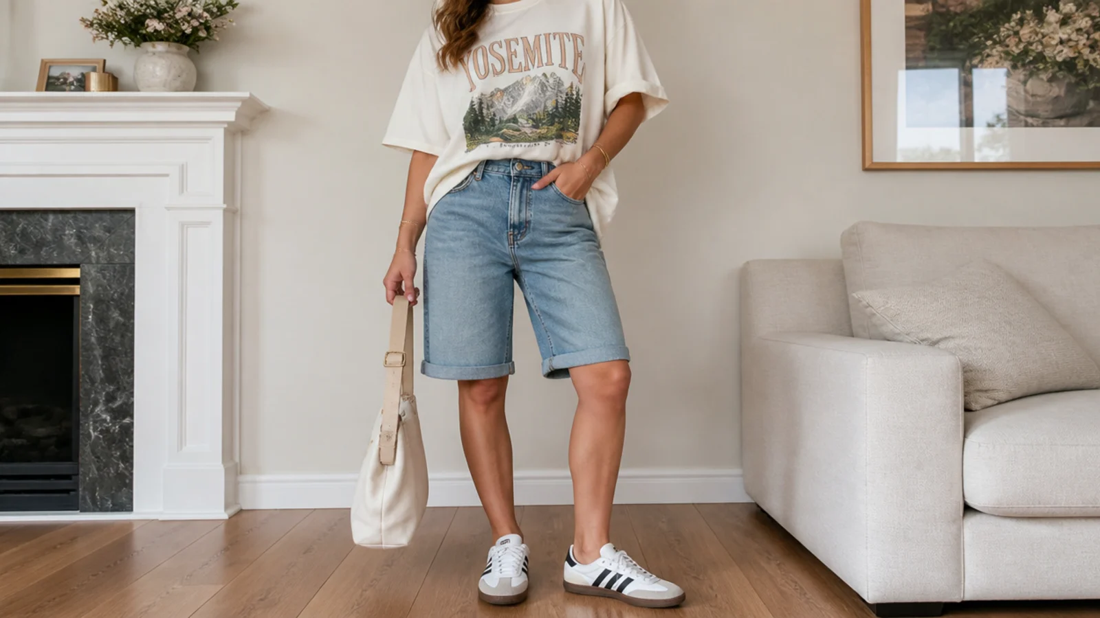 Faceless outfit with a vintage graphic tee, single-cuffed mid-wash jorts and low-profile samba sneakers