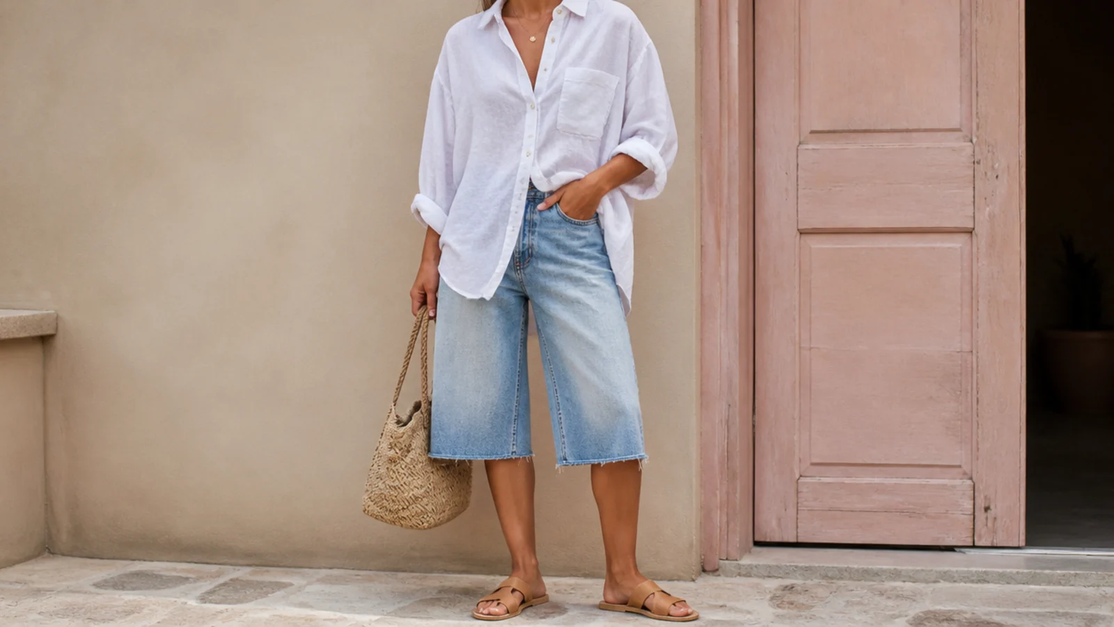 Faceless outfit with an oversized white linen button-down, long bermuda-length jorts and tan flat slides