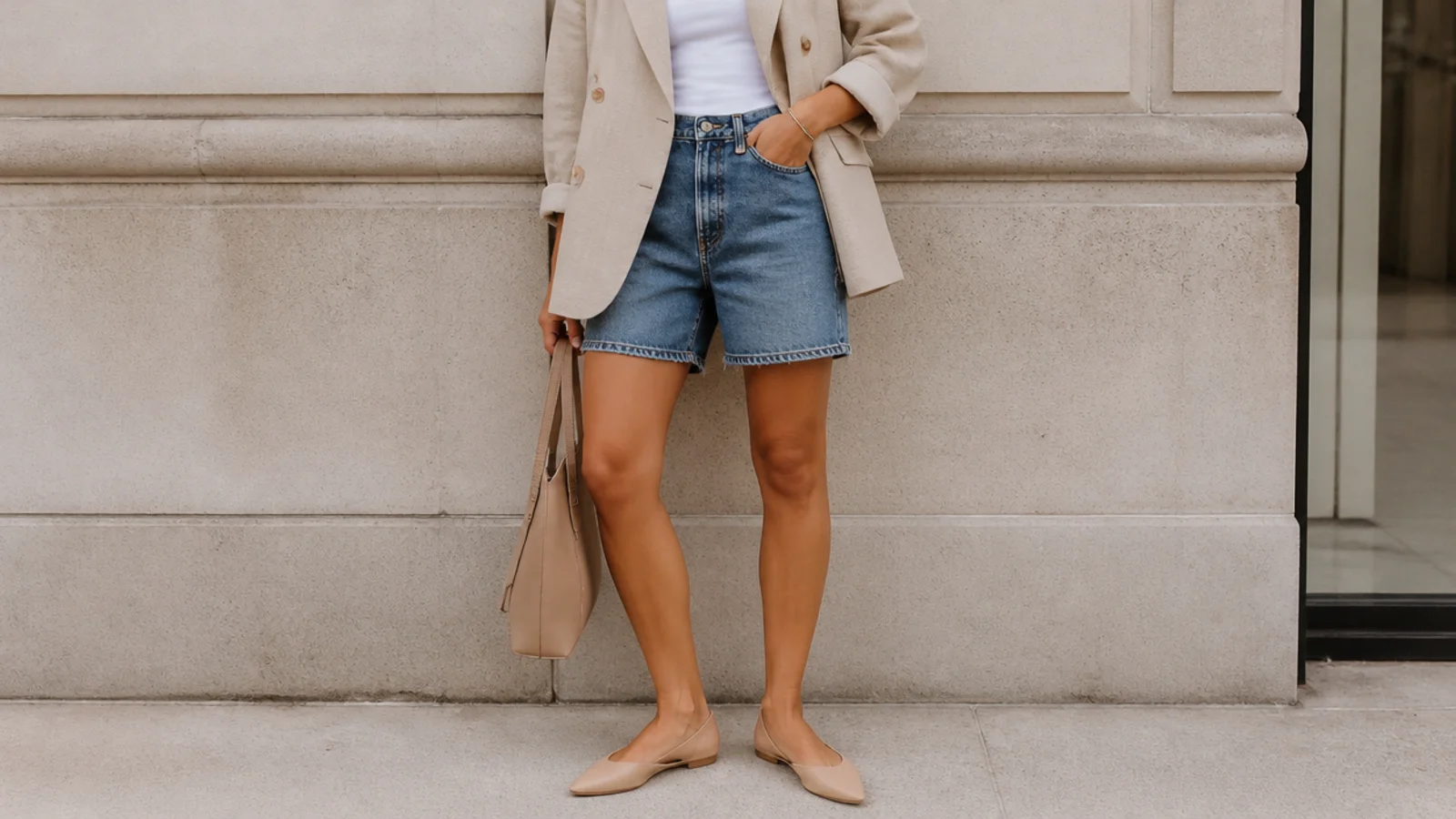 Faceless outfit with an unstructured beige linen blazer, white tank, mid-wash jorts and pointed nude flats