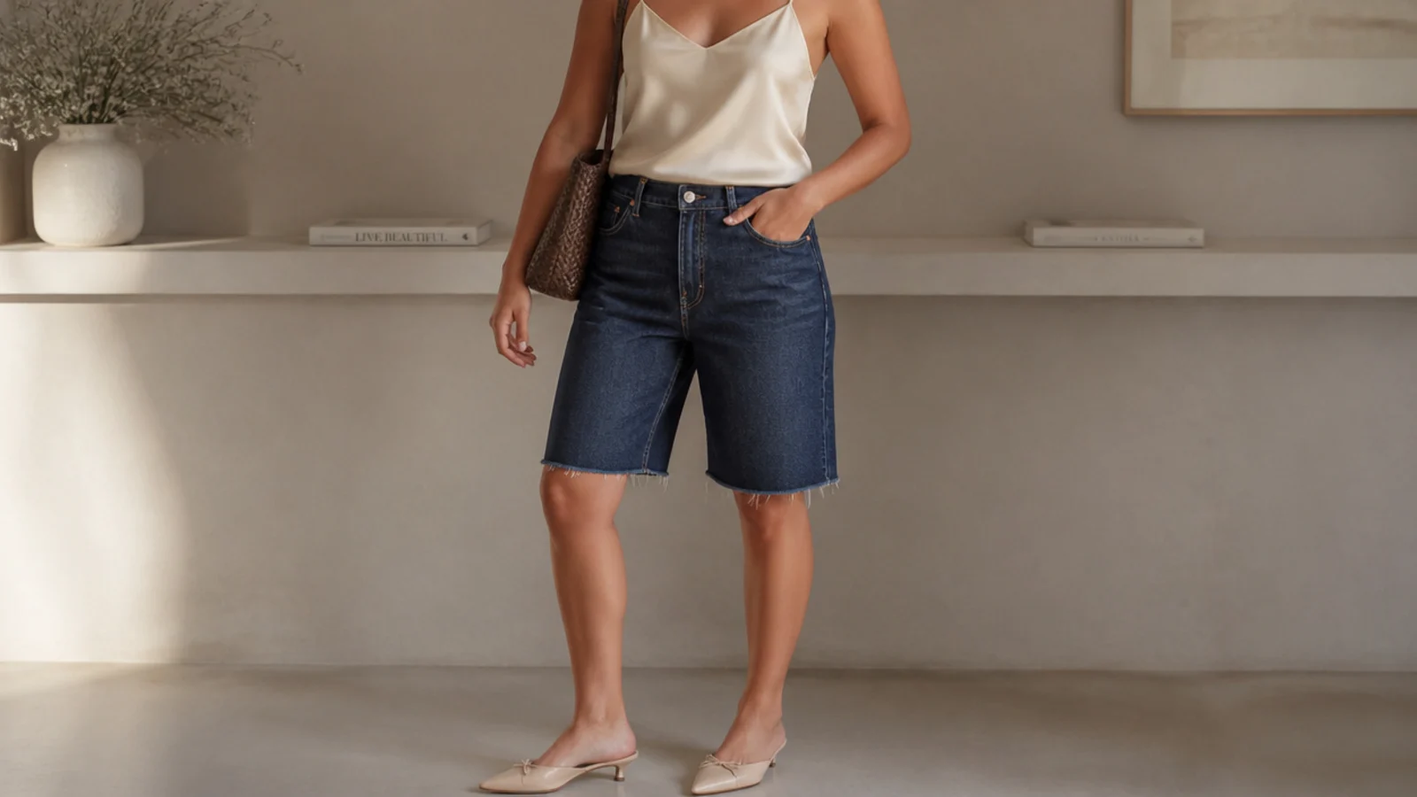 Faceless outfit with a champagne silk cami, dark-wash jorts and low pointed kitten-heel mules