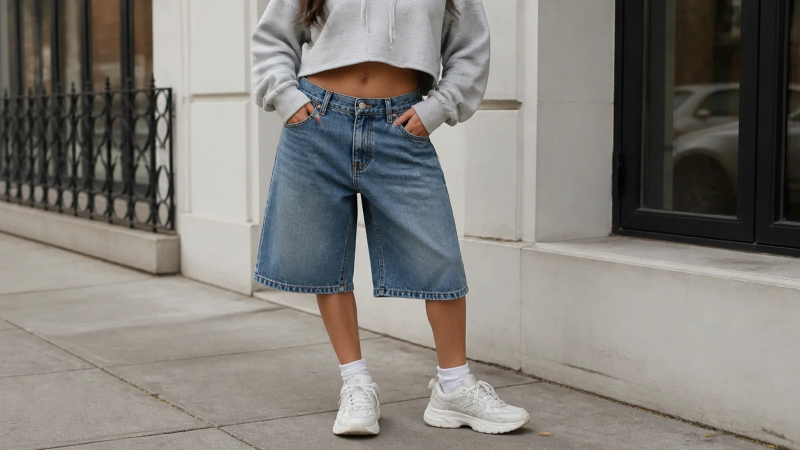 Faceless street outfit with a cropped gray hoodie, baggy mid-wash jorts and chunky white dad sneakers