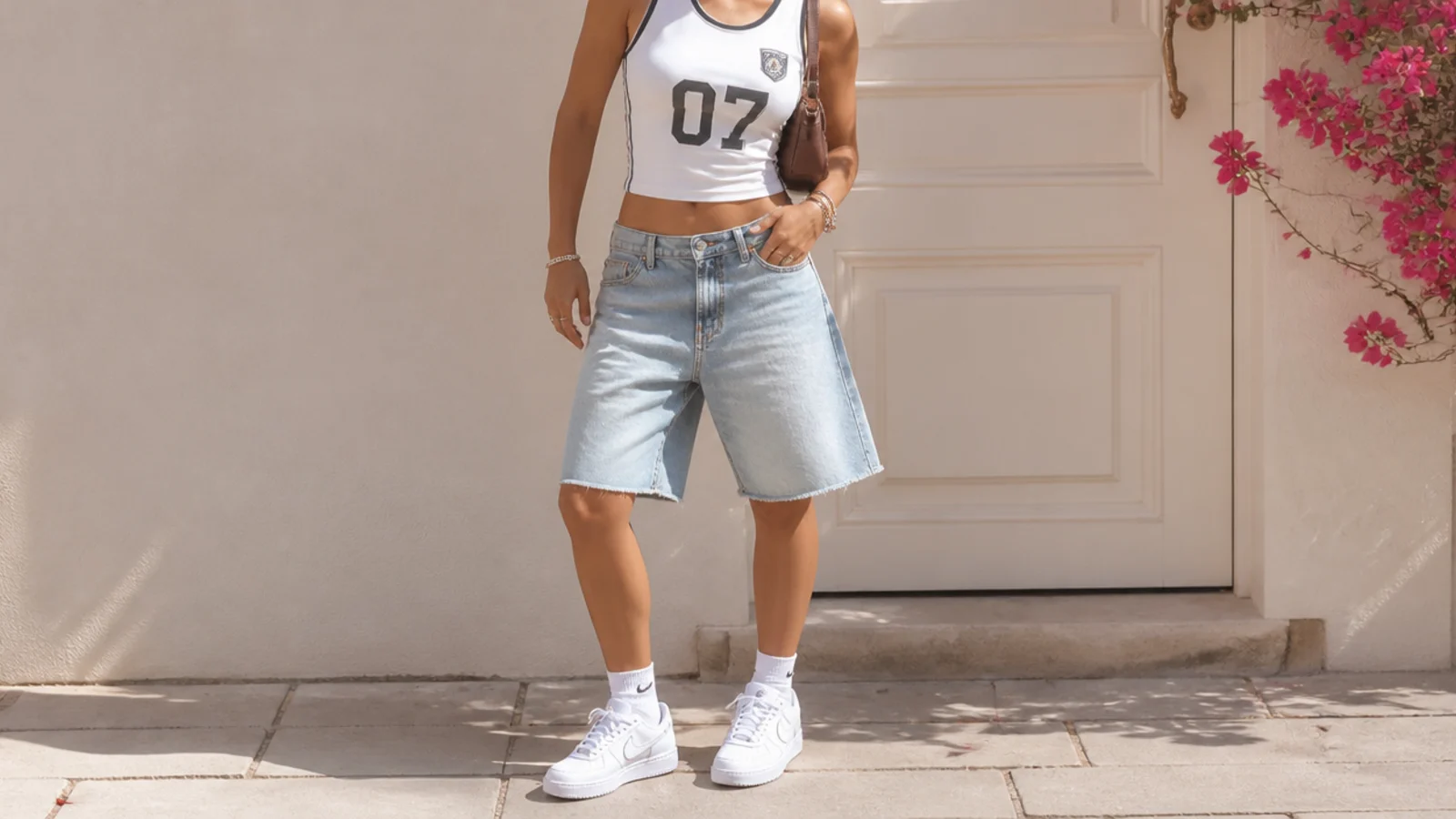 Faceless Y2K outfit with a fitted sports jersey tank, low-rise light-wash jorts and white Air Force 1 sneakers