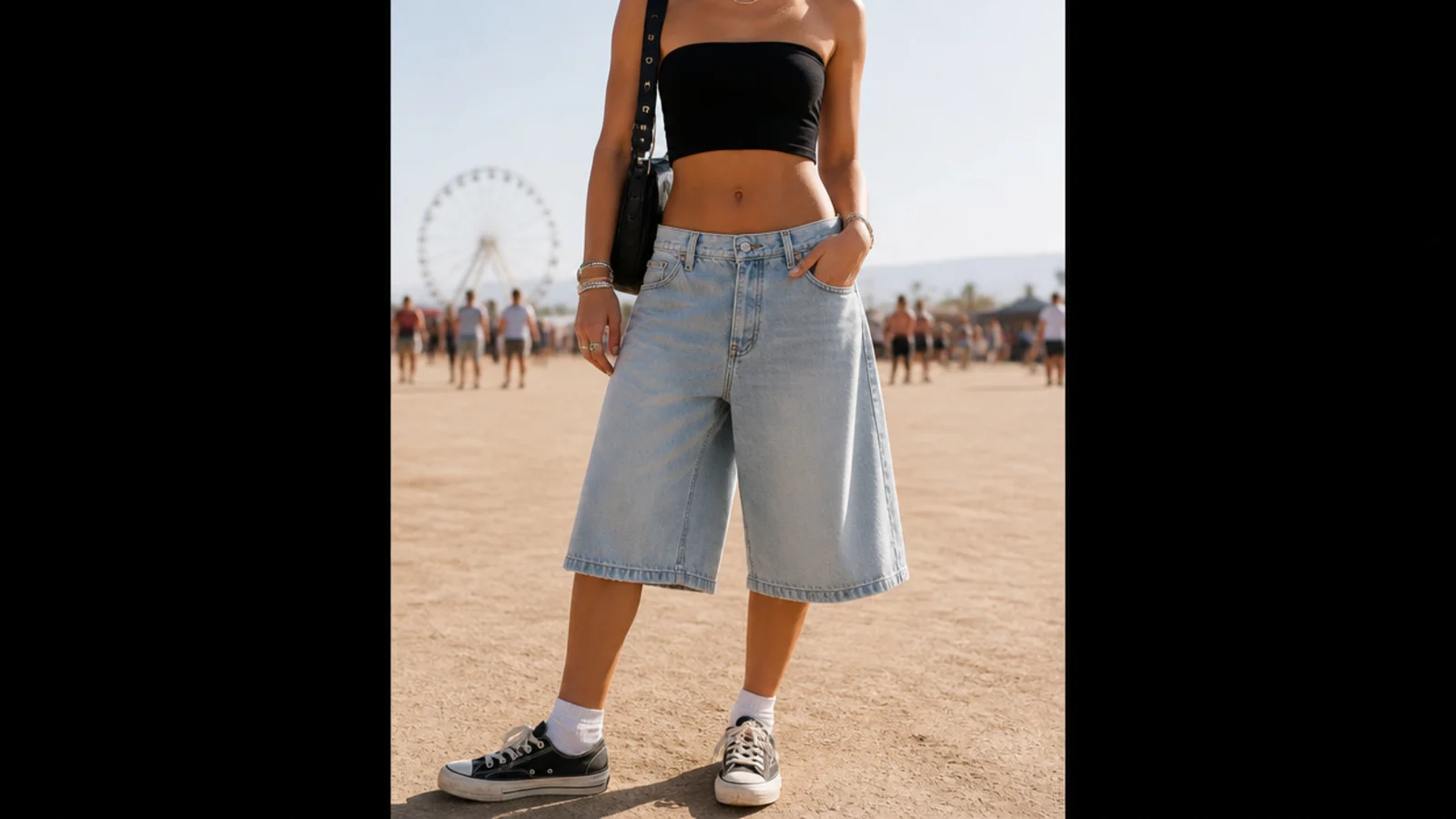 Faceless festival outfit with a black bandeau top, wide-leg light-wash jorts and low canvas sneakers