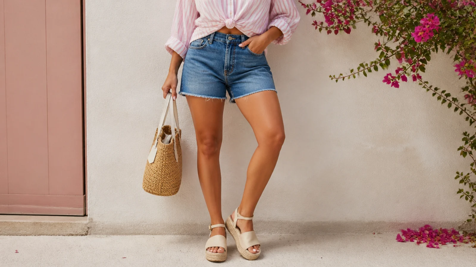 Faceless outfit with a striped shirt knotted at the waist, high-rise mid-wash jorts and flatform espadrilles