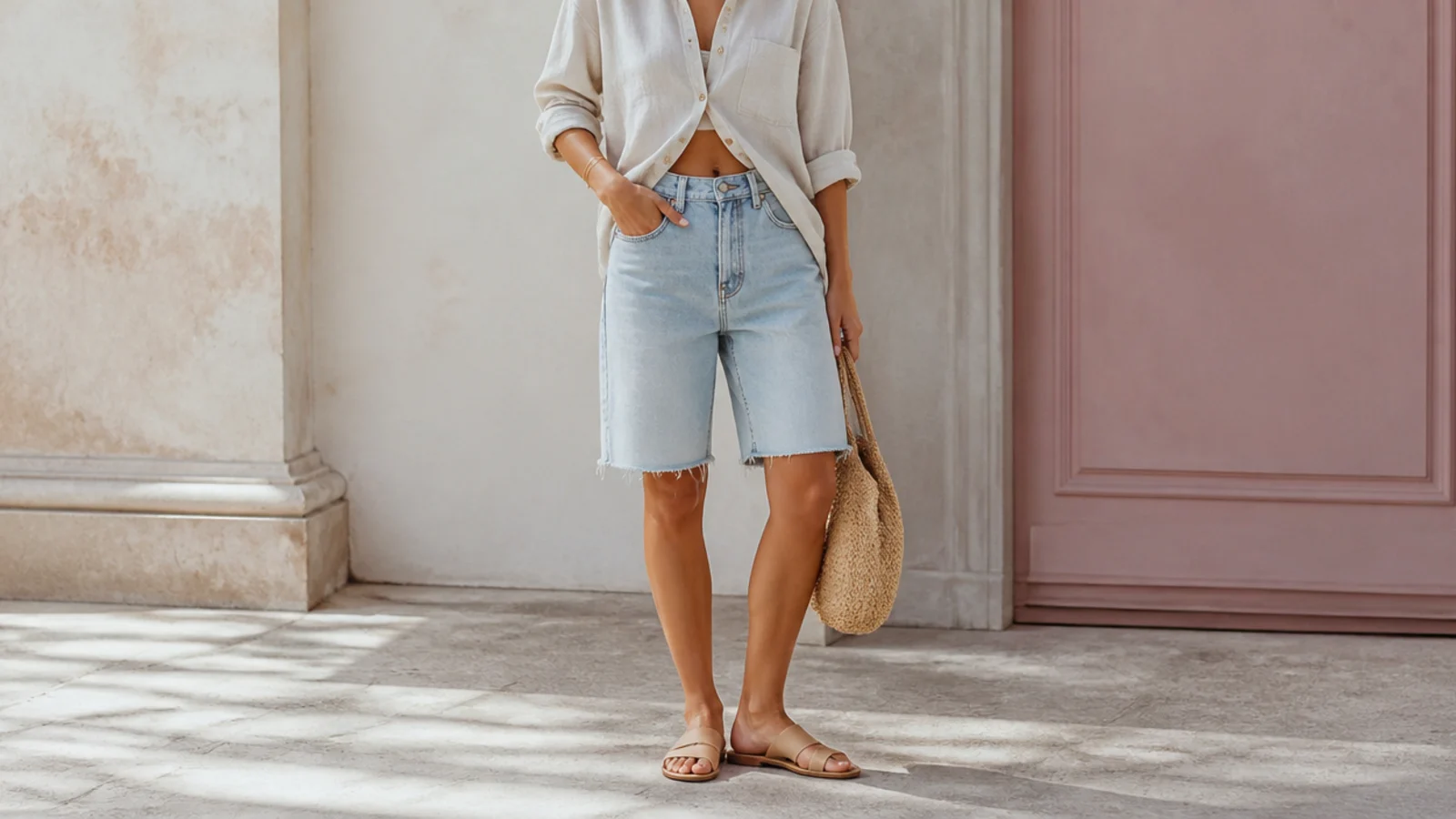 Faceless outfit of wide-leg light-wash jorts with an open linen shirt styled for hot humid weather