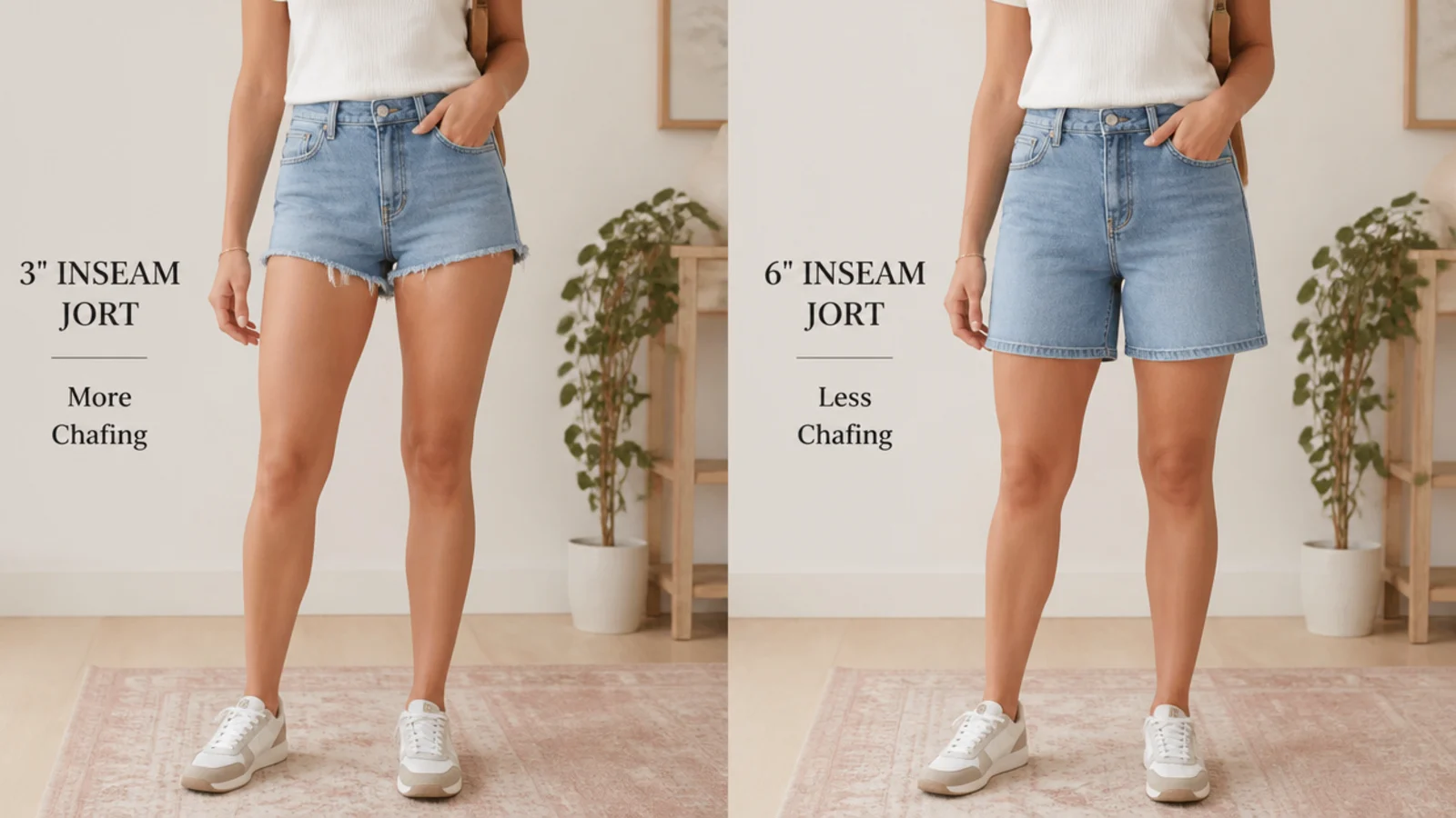 Faceless comparison of a short 3 inch inseam jort versus a mid-thigh 6 inch inseam jort for chafing