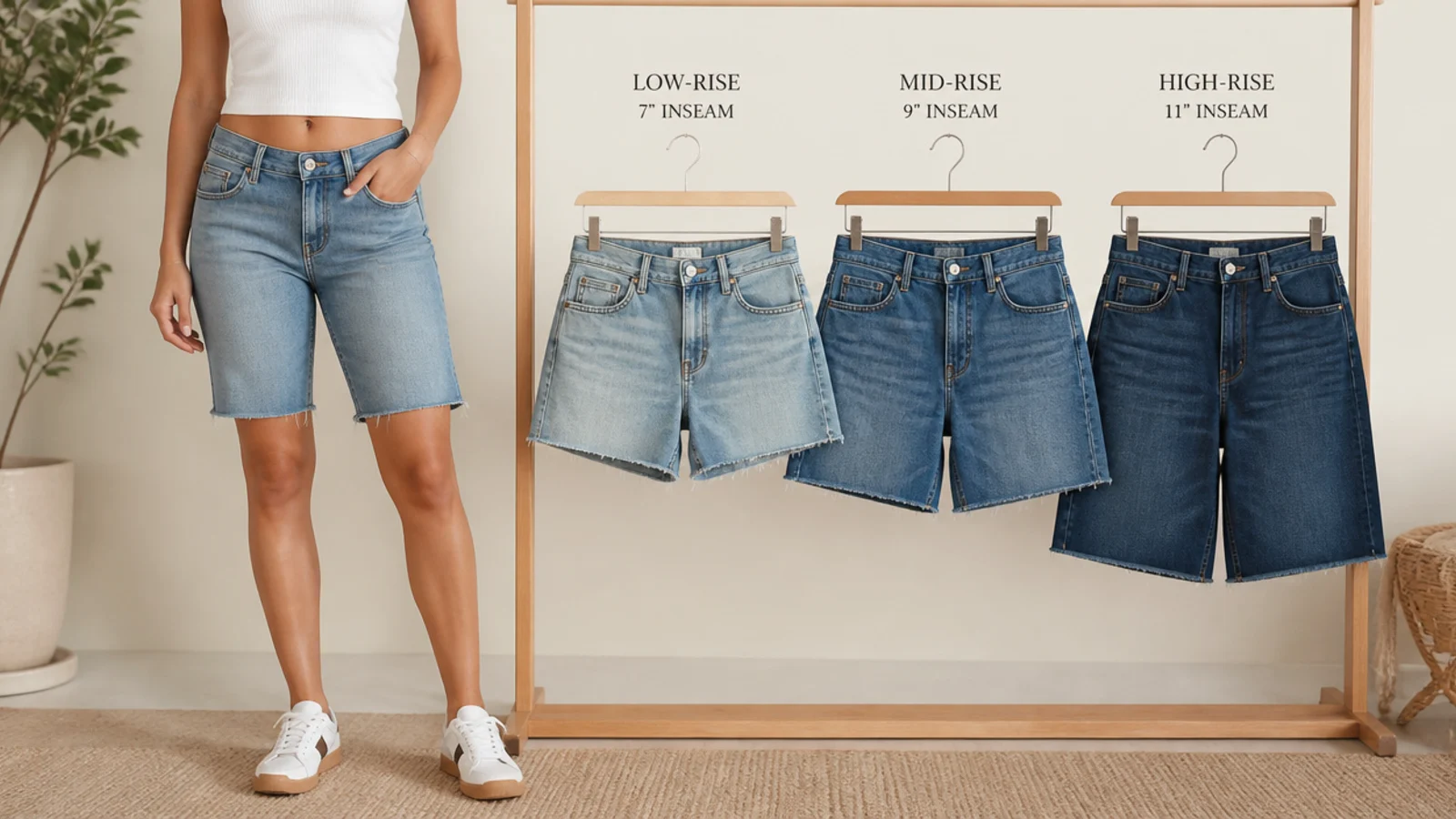 Faceless comparison of low-rise, mid-rise and high-rise jorts with different inseam lengths on a hanger