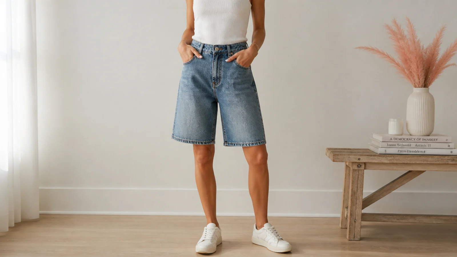 Faceless waist-down shot of mid-wash baggy jorts with white sneakers and a tucked tank top