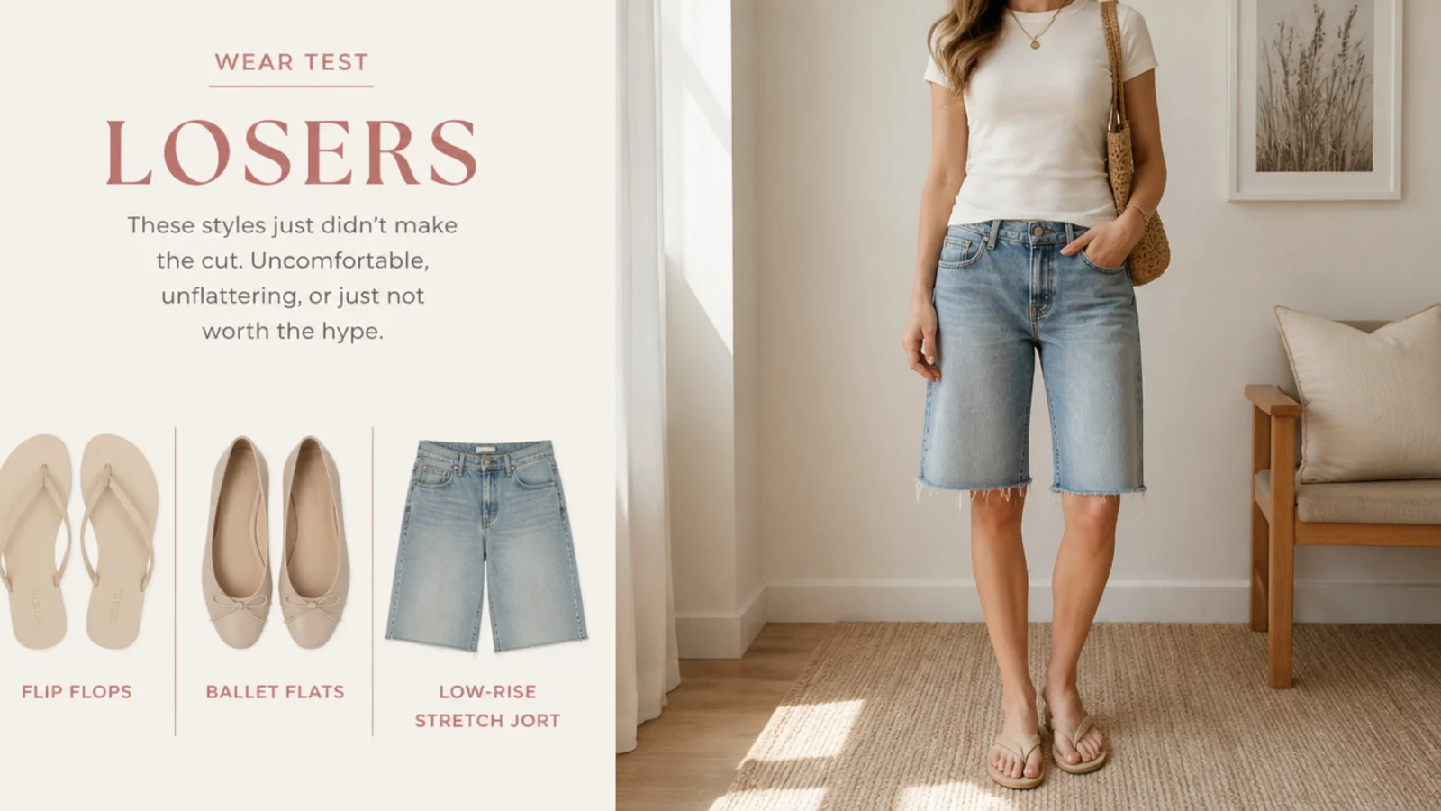 Faceless flat-lay of flip flops, ballet flats and a low-rise stretch jort marked as the wear-test losers